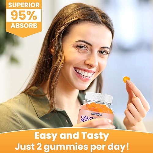 Miniatura 4 de BSSTABBON Gomitas de calcio y magnesio de 600 mg de calcio, 420 mg de complejo de magnesio, con vitamina D3+K2 certificado sin OMG, sin azúcar, 60