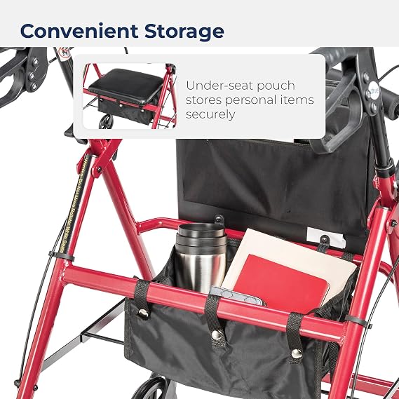 Drive Medical Aluminum Rollator Walker Fold Up and Removable Back Support, Padded Seat, 6 Wheels, Red