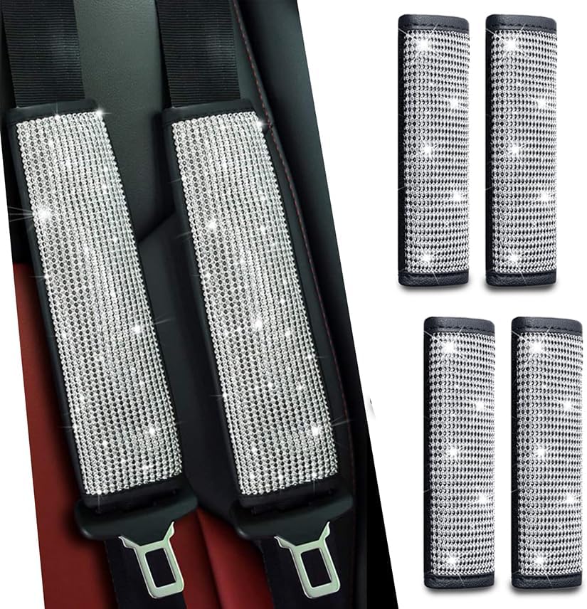JDDRY 4-Pack Bling Seat Belt Covers,Bling Seat Belt Covers for Womens,Car Seat Belt Strap Cover Shoulder Pad,Universal Car Interior Accessories Fit for Car/Truck/SUV(Silver,4PC)
