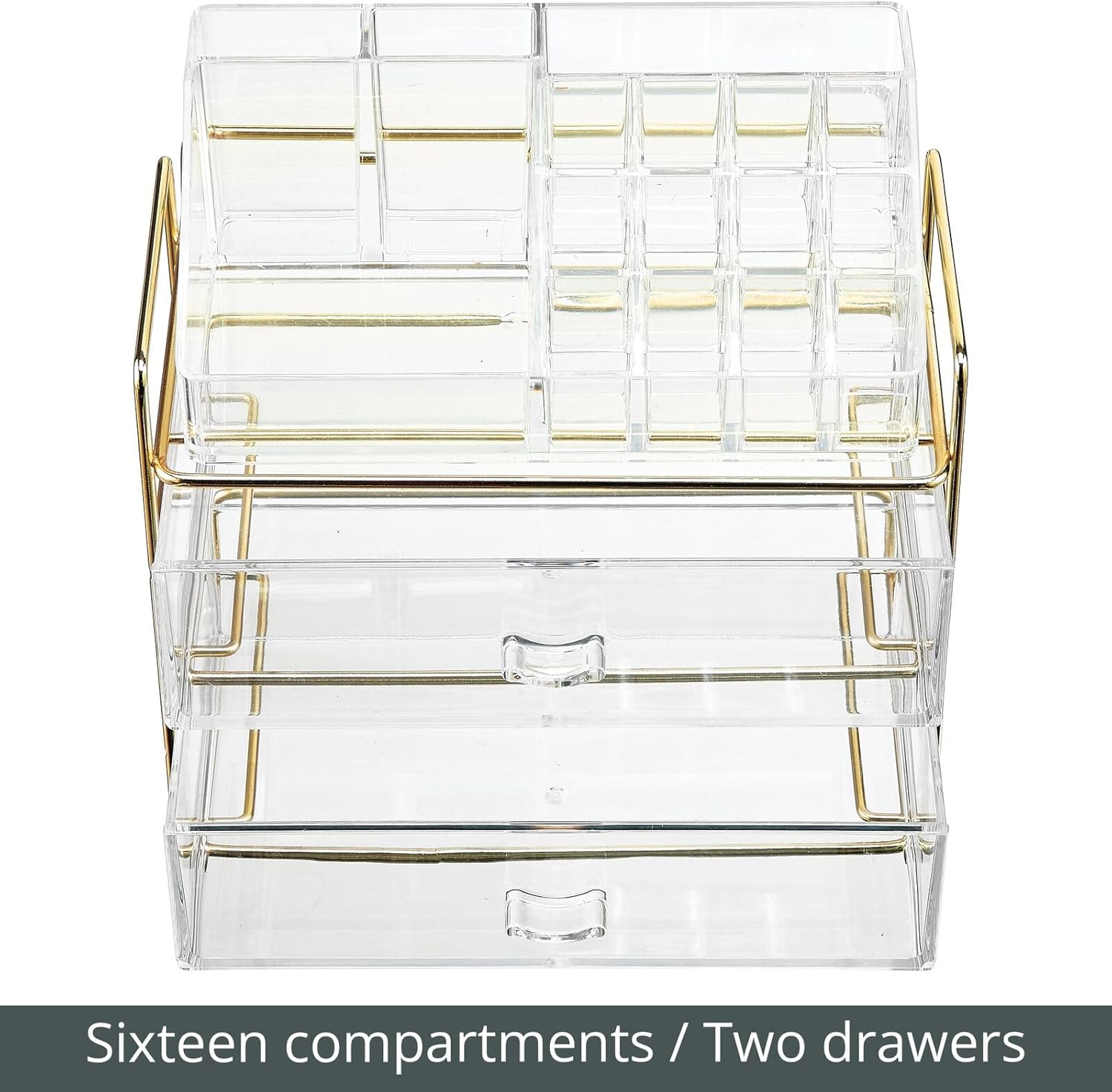 위에서 아래로 view of the mDesign Cosmetic Storage Unit, highlighting the 16 clear compartments.