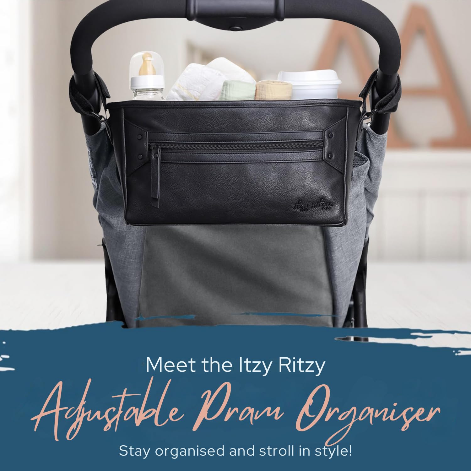 Itzy Ritzy Baby Pram Bag, Universal Pushchair Organiser with 2 Built-in Cup Holders, Zipped Pocket Buggy Bag Compartment - Image 4