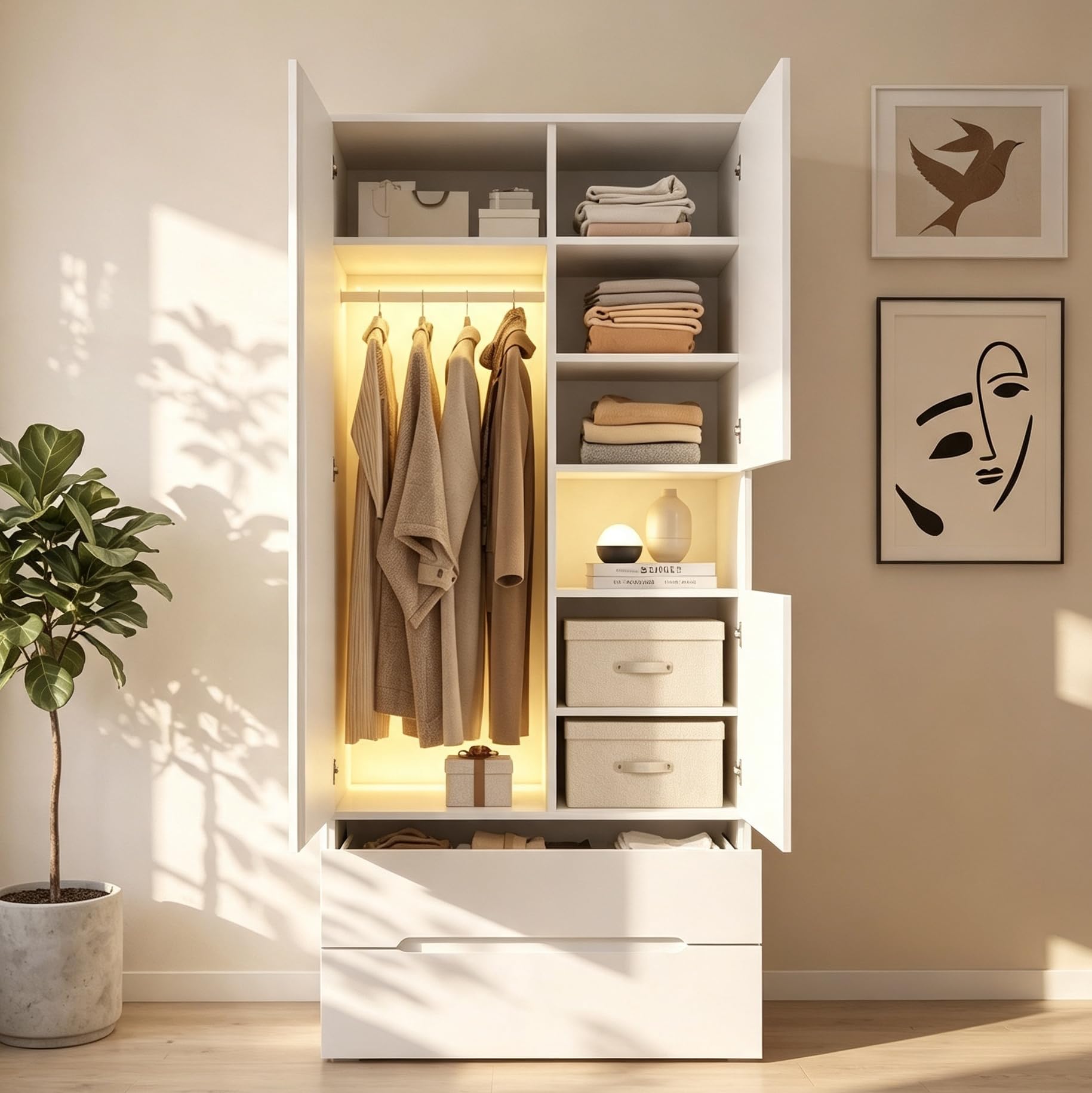 Merax Kleiderschrank mit RGB-LED, 3-türiger Drehtürenschrank mit 2 Schubladen, Schlafzimmerschrank mit Kleiderstange und 6 Ablagefächern, Garderobenschrank für Jugendzimmer, 90x50x200 cm, Weiß