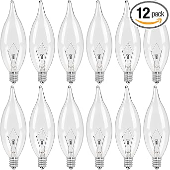 12-Pack E12 Candle Light Bulbs 40W Warm White 2500K, 380 Lumen Dimmable Chandelier Light Bulbs for Ceiling Fan, Pendants or Outdoor, CA10 Clear Candelabra Base Bulbs