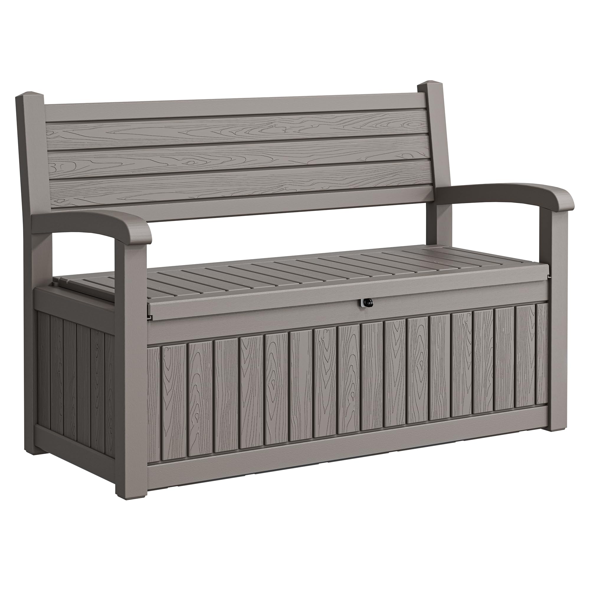 80 Gallon Lockable Deck Bench with Storage, Resin Stripes Outdoor Storage Box, Waterproof Outdoor Porch Bench for Patio Pool and Cushions Garden Tools, Grey