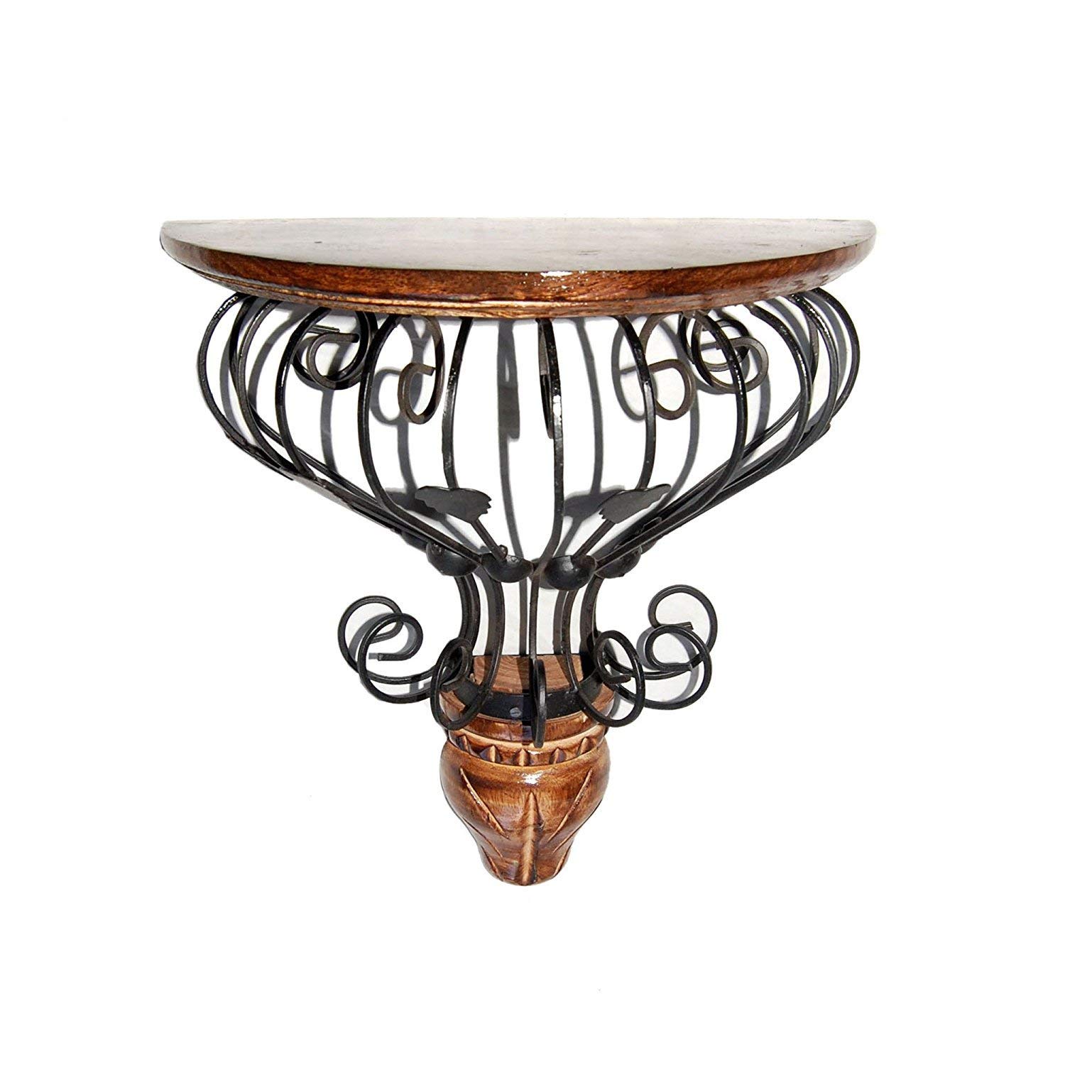 Wooden Decor Hub Wrought Iron and Wooden Beautiful Hand Carved Wall Decor Shelf (Black, Lacquered Finish)-picture-11
