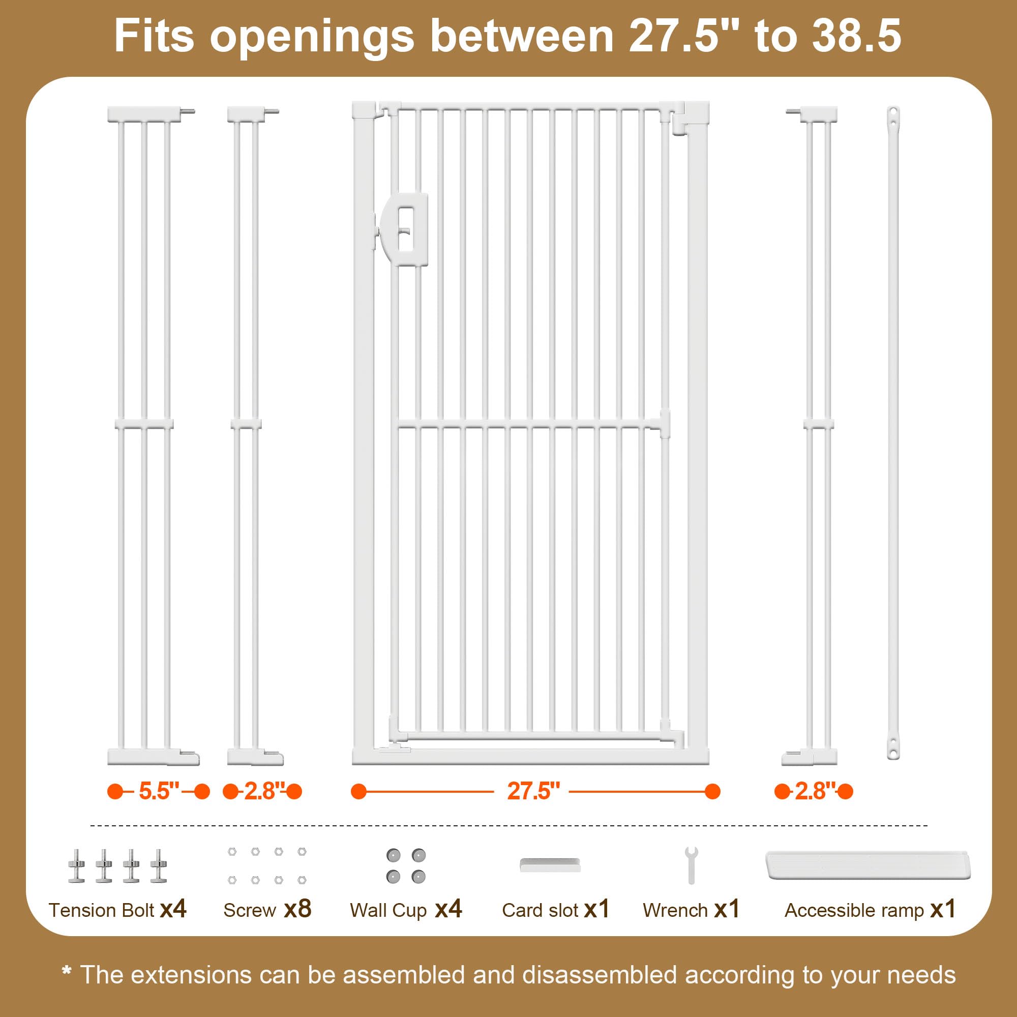 Jekriuet 57" Extra Tall Pet Gate, Auto Close Dog Door Pressure Mounted No Drilling for Doorways, Hallways, Stairs, Expandable 27.5"-38.5" Wide, Narrow 1.18" Spacing for Small Dogs & Puppies, White - 4