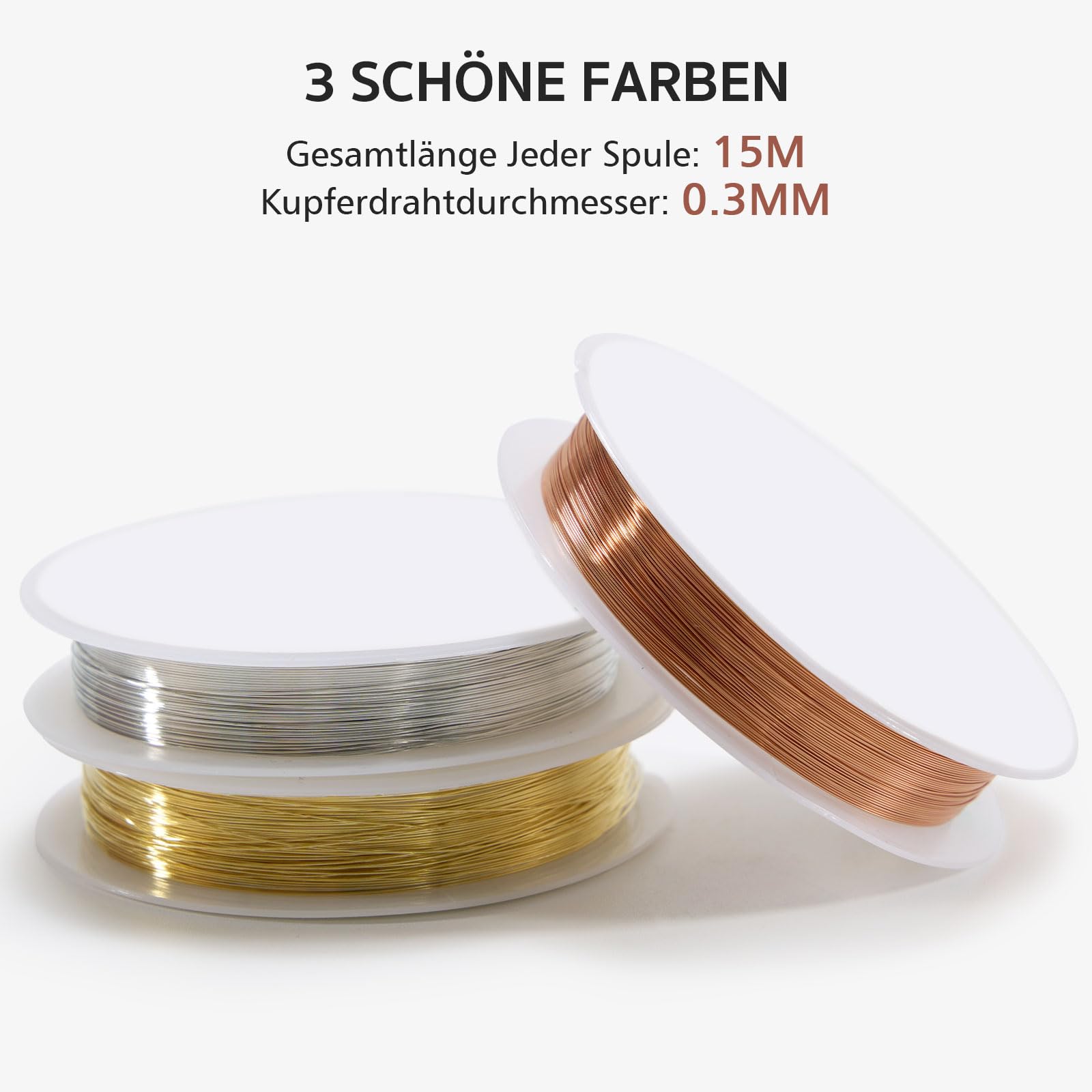 Redamancy Sieradendraad, 3 rollen 0,3 mm dun knutseldraad, 15 m/rol draad voor knutselen, koperdraadrol voor het maken van sieraden, draad voor het maken van sieraden voor knutselen en sieraden maken
