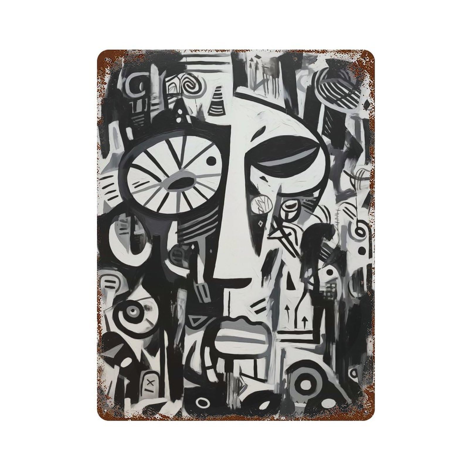 Weathered Tin Sign with Cubism Modern Art Portrait Design 15.7"x11.8", for Shed, Workshop And Garage Wall Decor, Decorative Metal Wall Art