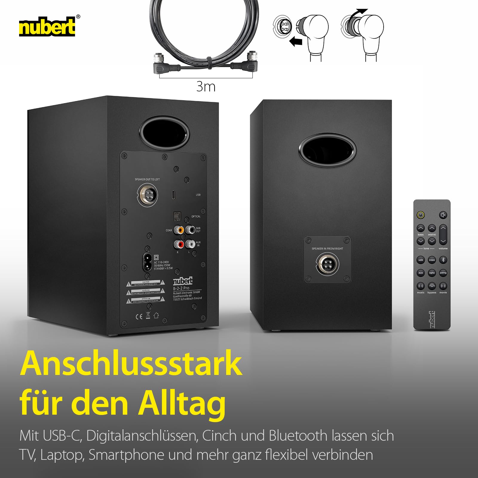 Nubert nuBoxx A-125 pro | Schwarzes PC-Lautsprecherpaar | 2 Stück Kompaktlautsprecher für Homeoffice | PC-Lautsprecher mit Bluetooth aptX HD| PC-Lautsprecher mit USB-C | Aktivboxen mit 2 Wege Technik