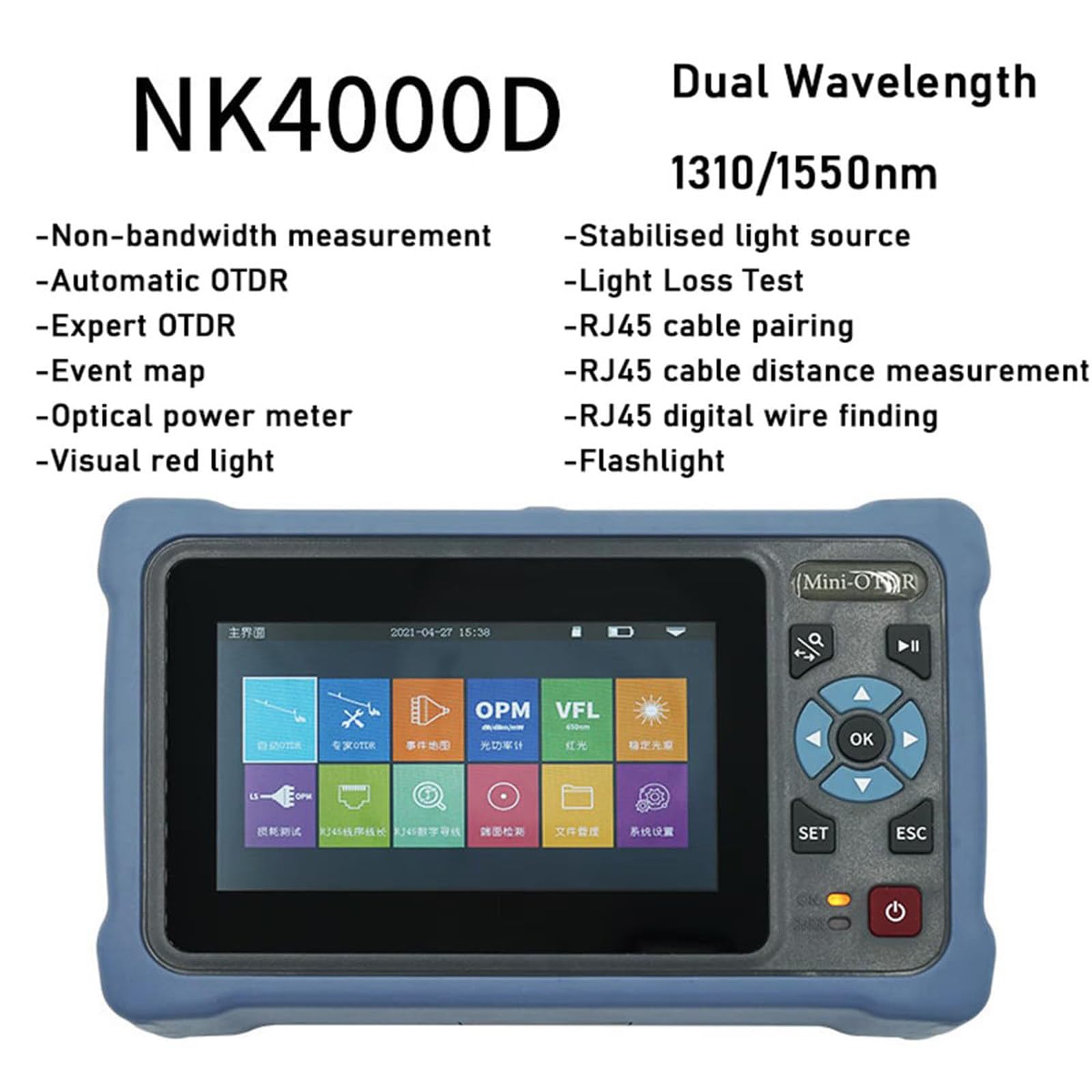 Probador de fibra óptica OTDR 1310/1550nm 26/24dB Rango de prueba 100km Pantalla táctil de 4,3" Soporte OPM VFL OLS Mapa de eventos Prueba RJ45 Tarjeta TF de 8 GB Conector de software de análisis