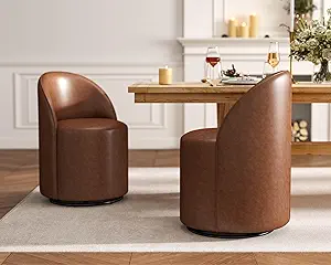Wahson Faux Leather Swivel Dining Chair Set of 2, Modern Upholstered Barrel Accent Chair with 360 Degree Rotation, Brown Vanity Chair for Dining/Living Room, Bedroom, Makeup Room
