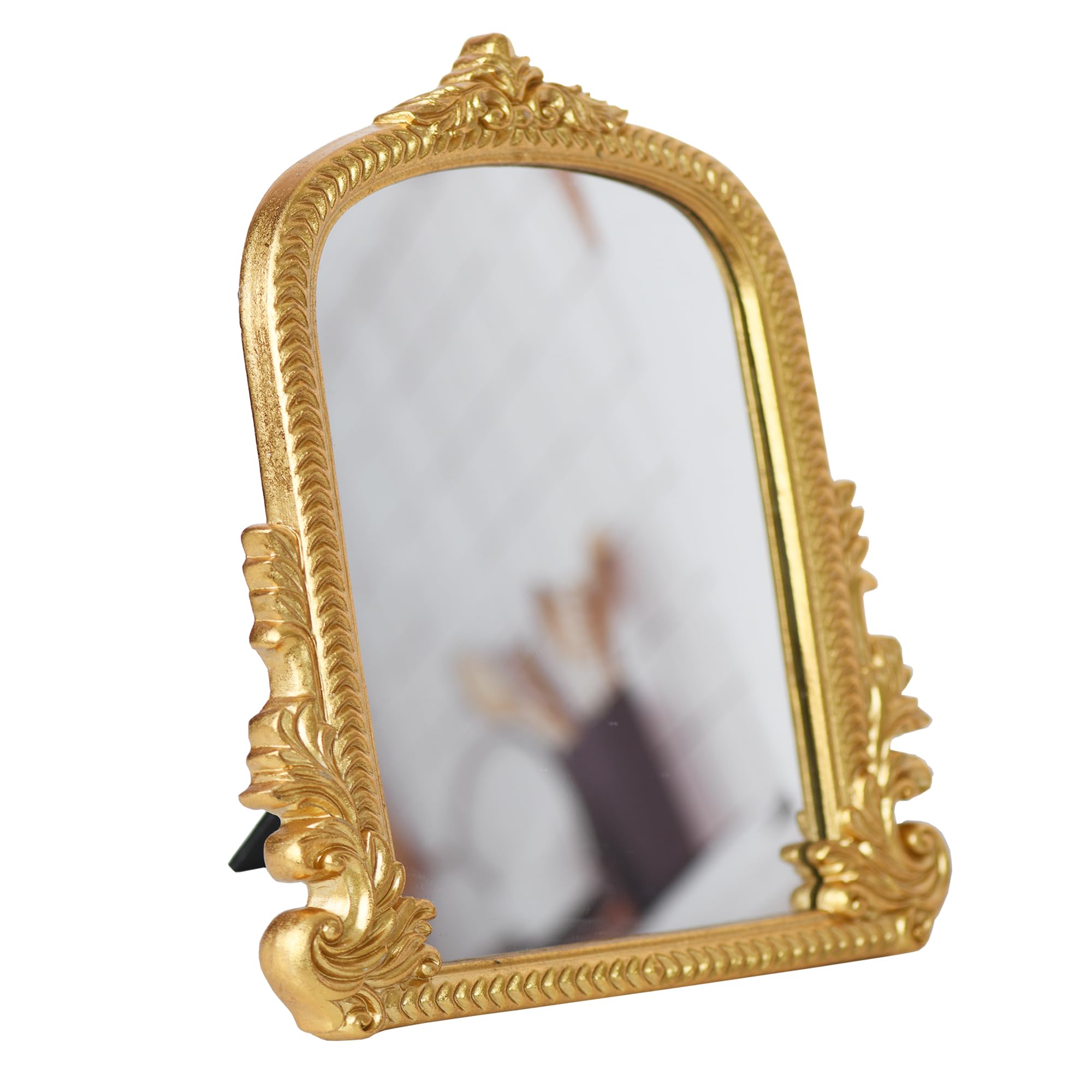 LuHeToz Vintage Gold Arched Vanity Mirror with Resin Frame, Small Size (9.8"x12") Standing Mirror for Living Room Bedroom Tabletop