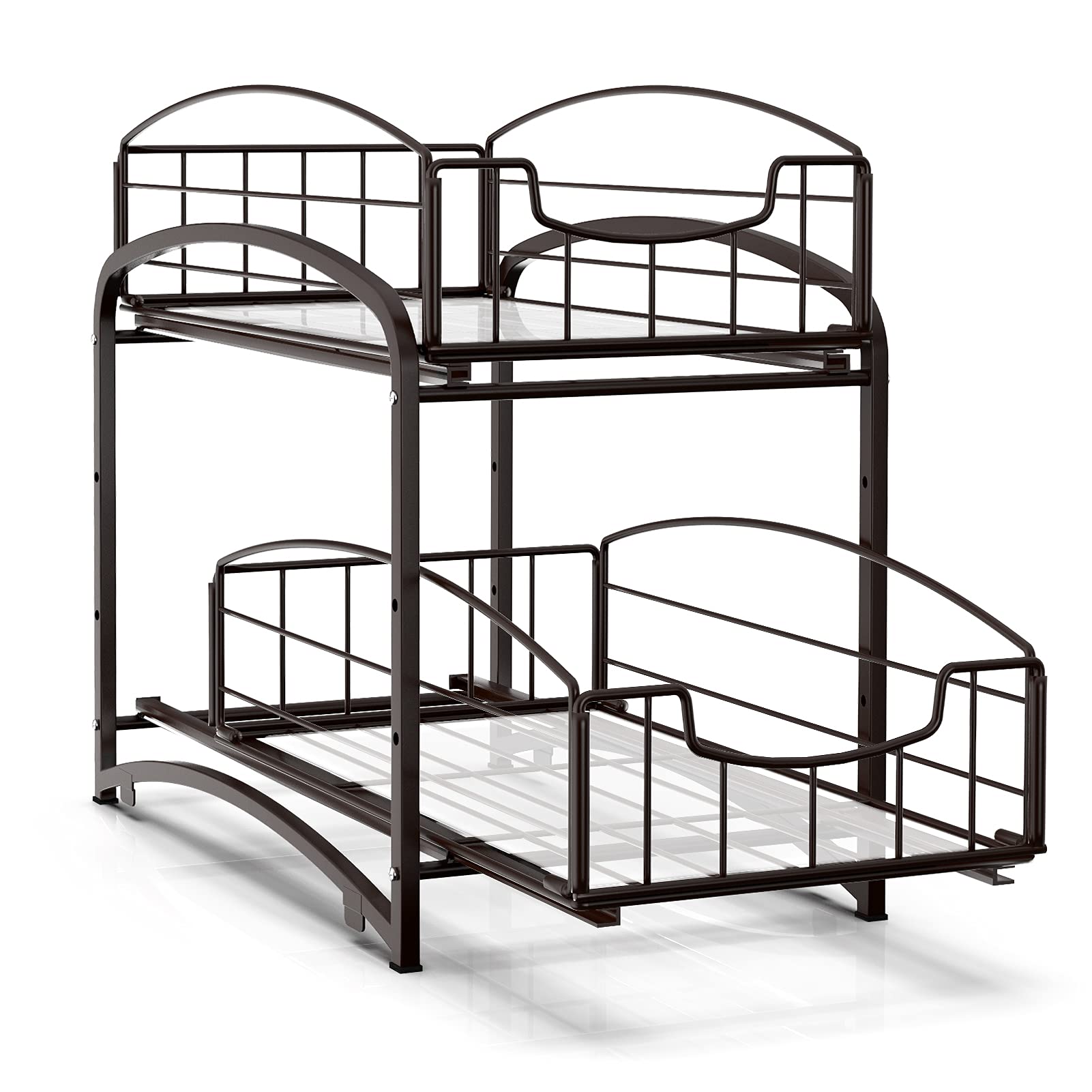 Fuleadture 2-Tier Sliding Storage Basket, Cupboard Organiser for Kitchen and Bathroom, Pull-Out Drawers Multipurpose Storage Organiser, Bronze