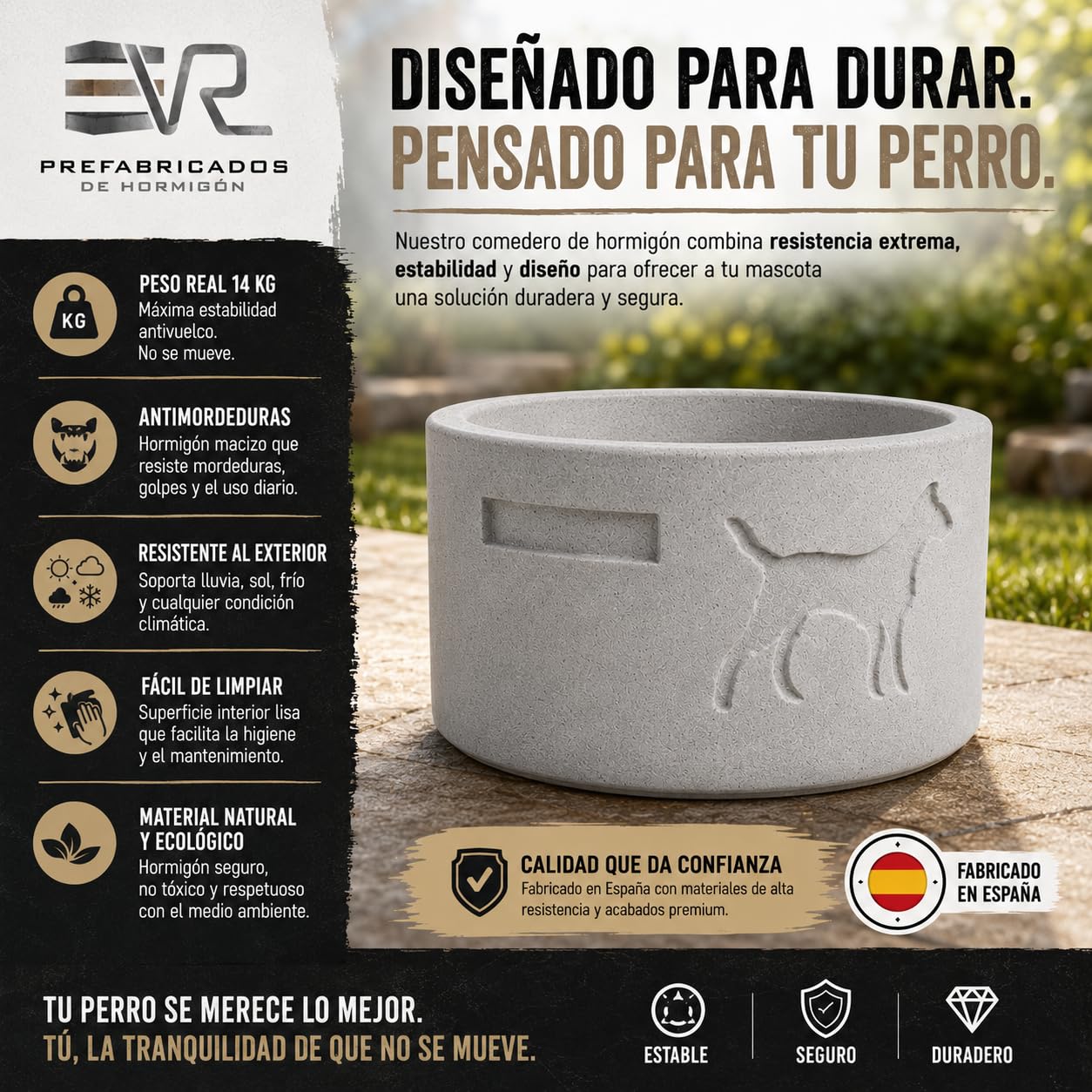 VR Prefabricados Comedero y Bebedero de Hormigón Antivuelco para Perros | Antimordeduras | Resistente para Exterior | Fabricado en España | Diseño Premium | Terminado a Mano.