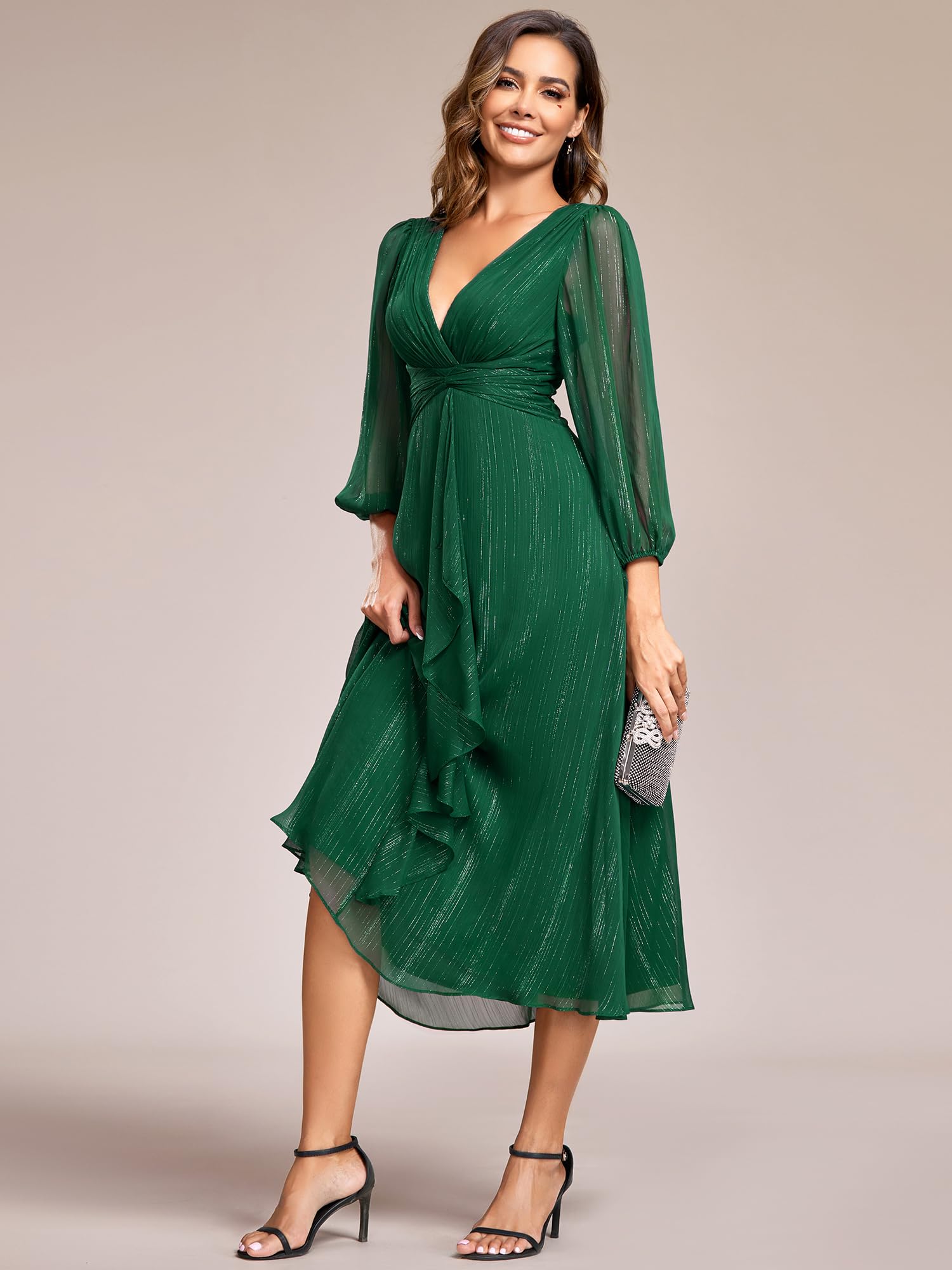 Ever-Pretty Abendkleid, schick, V-Ausschnitt, Langarm, Chiffon, Maxikleid, ausgestellt, EE01977