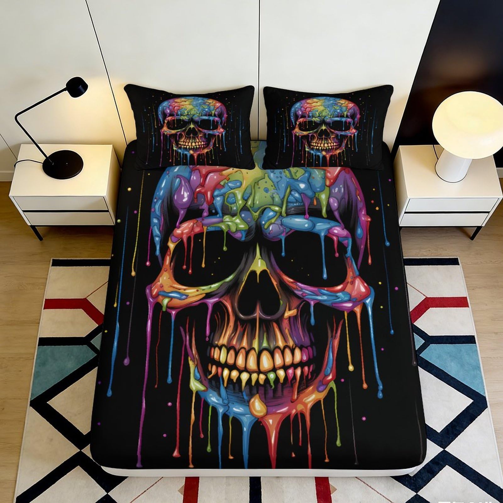 3D Printed Neon Skull Fitted Sheet Microfiber Colourful Dripping Skull Mattress Cover Bedroom Dorm Decor 90x200x25cm
