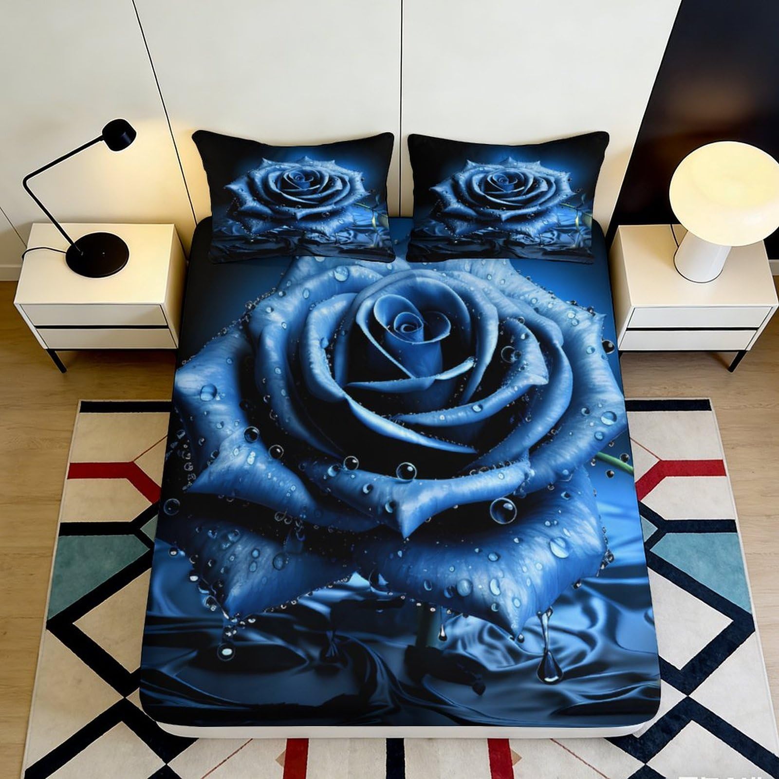 3D Printed Blue Rose Fitted Sheet Microfiber Soft Non Slip Waterdrop Bed Cover for Bedroom Guest Room Decor 90x200x25cm