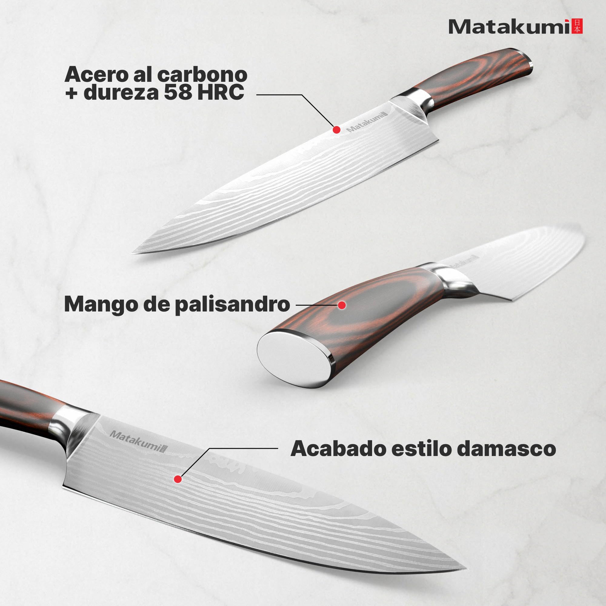 Matakumi juego de cuchillos de cocina con diseño damasco grabado, hojas afiladas de acero al carbono con mangos ergonómicos para uso duradero, juego de 5 piezas set de cuchillos de cocina profesional
