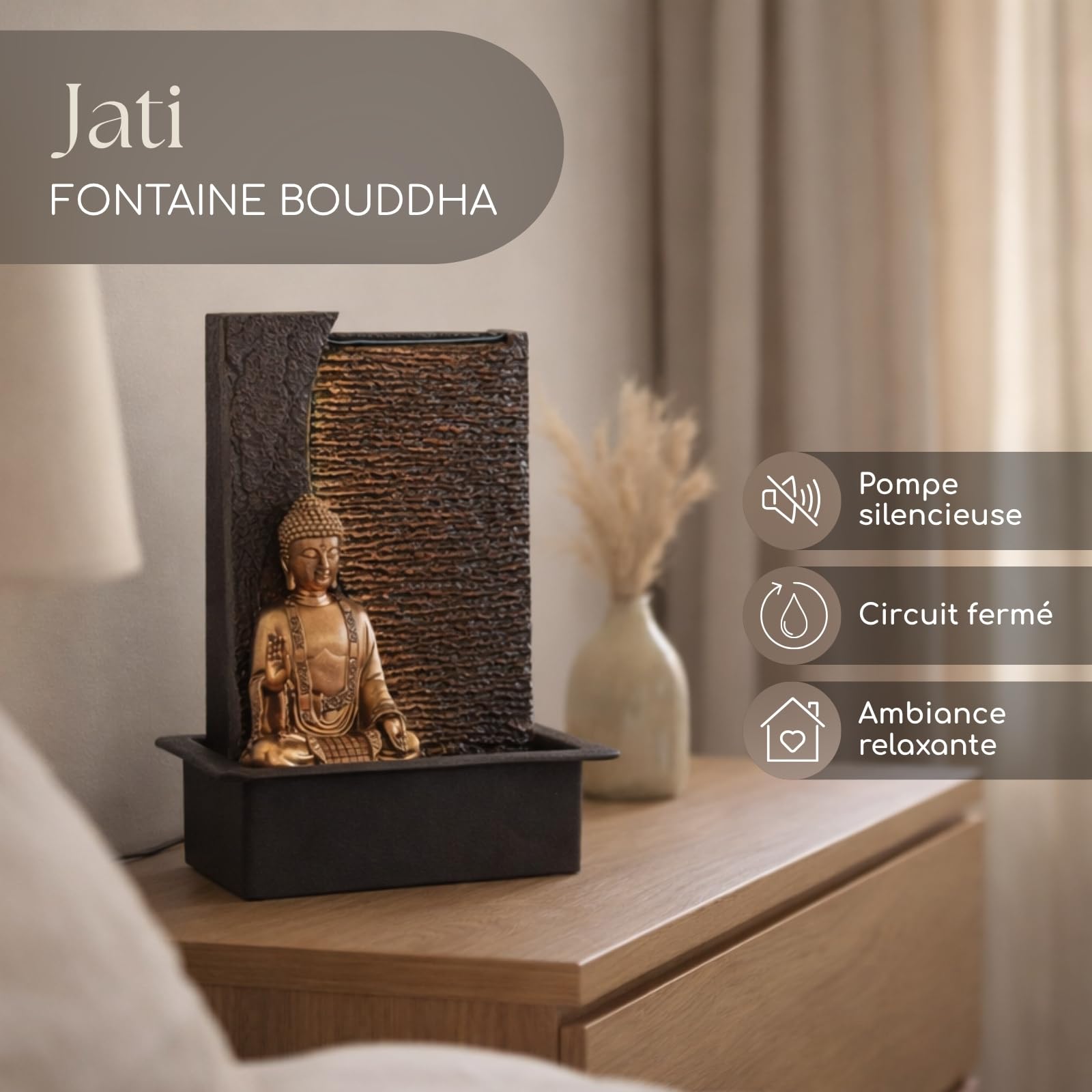 Zen'Light - Fontaine d’Intérieur Bouddha Jati Amovible avec Bandeau LED Jaune - Décor Zen Idéal Méditation et Détente - Pompe à Eau Silencieuse - Fontaine Porte-Bonheur au Circuit Fermé - H 40cm