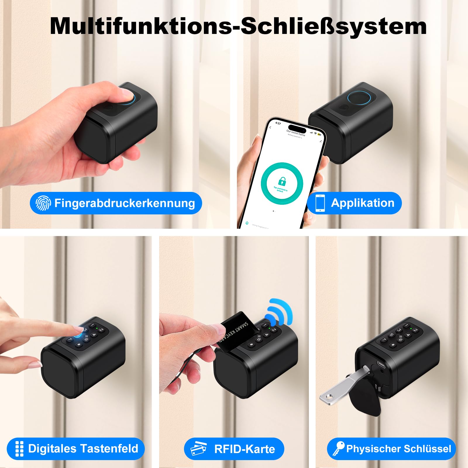 Türschloss Fingerabdruck, Fingerabdruck Schloss, Verstellbare Länge elektronisches türschloss, Smart Lock mit RFID-Karte, App, WLAN, Bluetooth-Entriegelung,Verlängerungszubehör,60–90 mm, schwarz