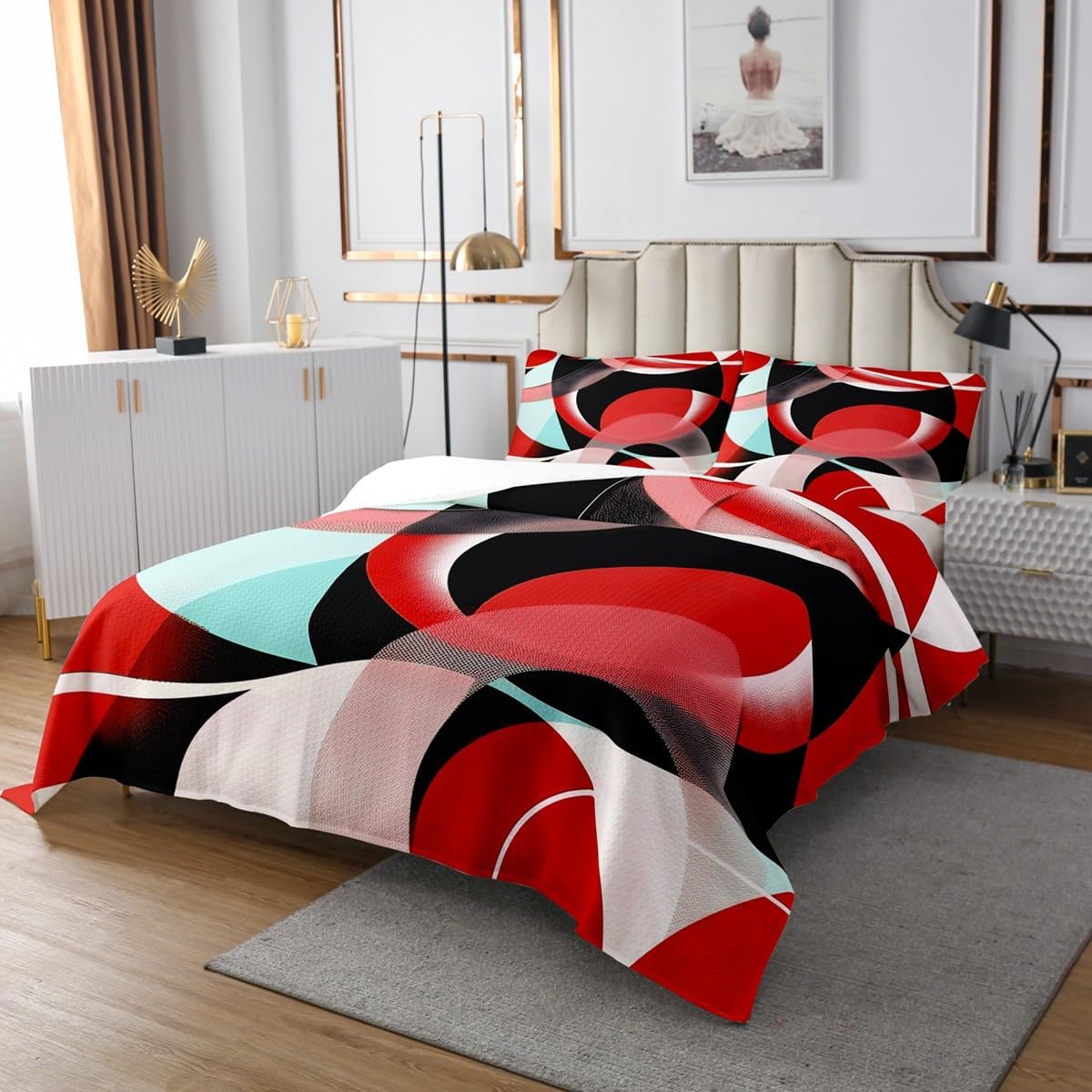 Erosebridal Teal Red Black Quilt Set Queen Size for Kids Teens Adults,Abstract Geometric Lines Coverlet Set,Modern Fashion Bedspread Set,Minimalist Simple Bed Cover Bedroom Decor