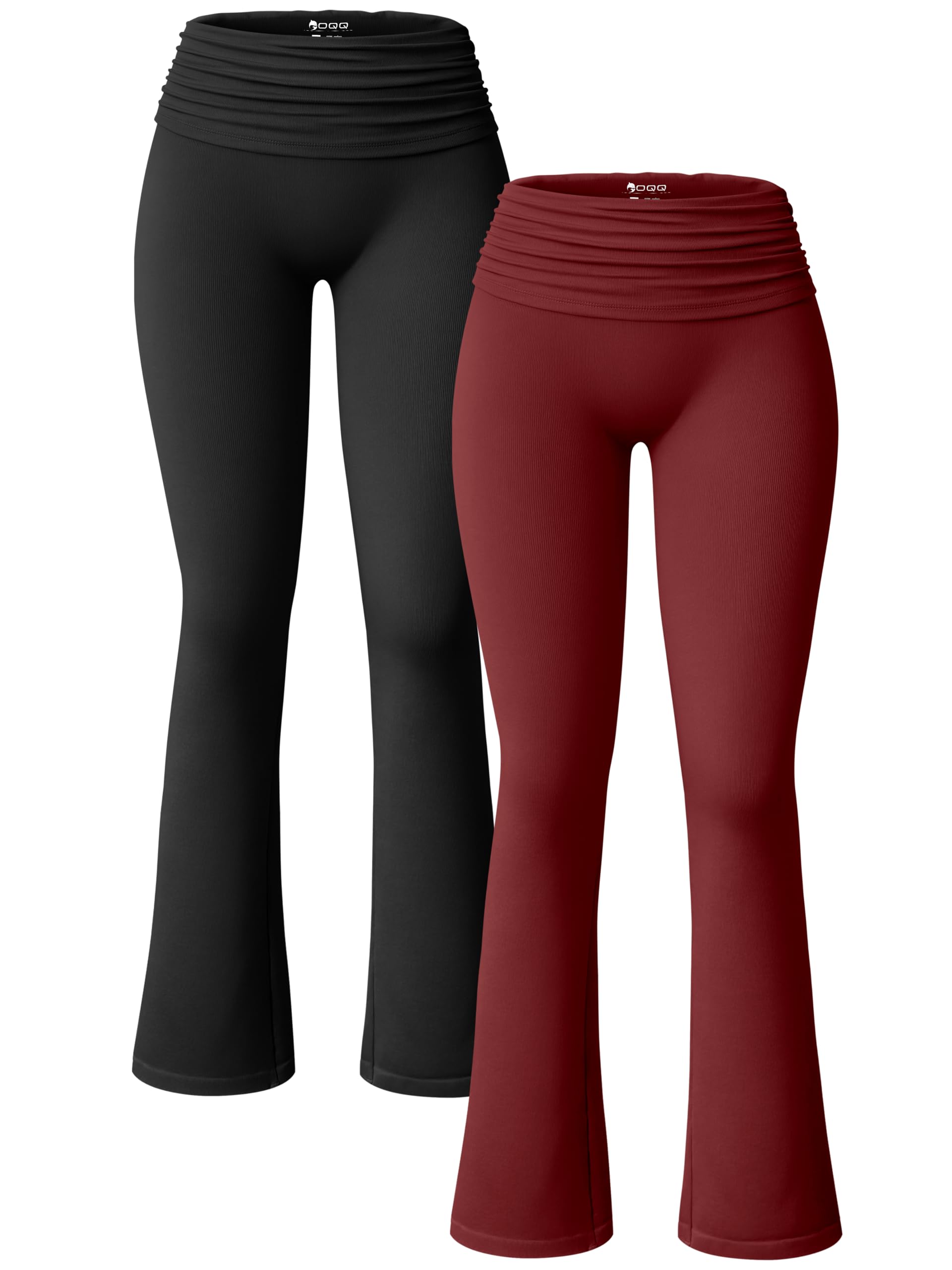 OQQ Womens 2 Piece Flared Pants Ribbed Fold Over Kick Ruched Stretch High Waist Casual Wide Leg