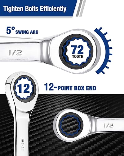 Miniatura 75 de WORKPRO Juego de llaves combinadas de trinquete de cabeza flexible de 8 piezas, SAE 5/16-3/4 pulgadas, 72 dientes, construcción CR-V, niquelado