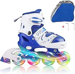 Patins em linha ajustáveis para crianças, meninos, meninas e adultos com rodas totalmente iluminadas, patins para atividades ao ar livre para crianças iniciantes de 6 a 8 a 12 a 14 anos, homens e