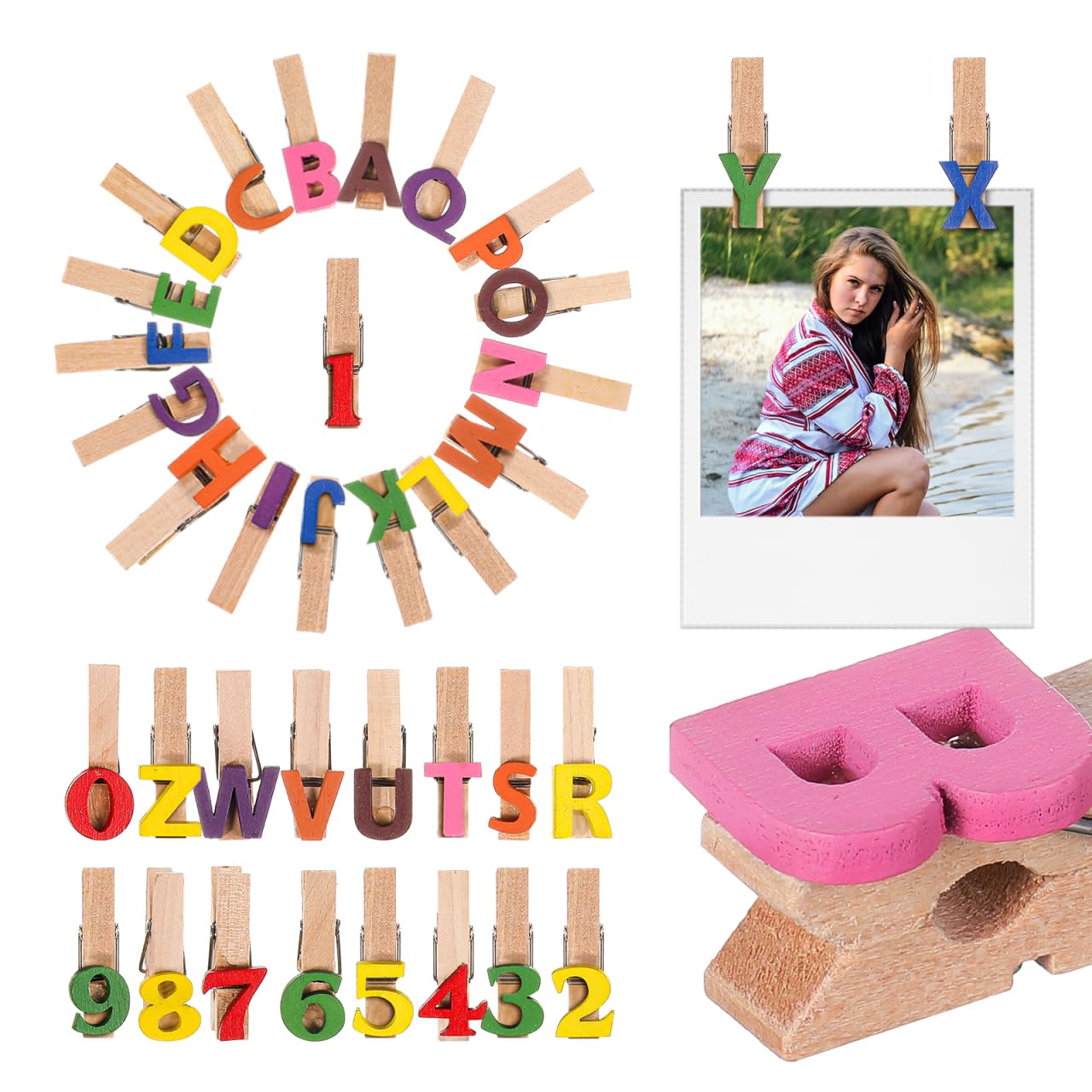 Gatuida 35Pcs Mini Wooden Clothespins Alphabet Letter Number Clips 1.38In Photo Pegs for Home Office Classroom Wall Desktop Organization