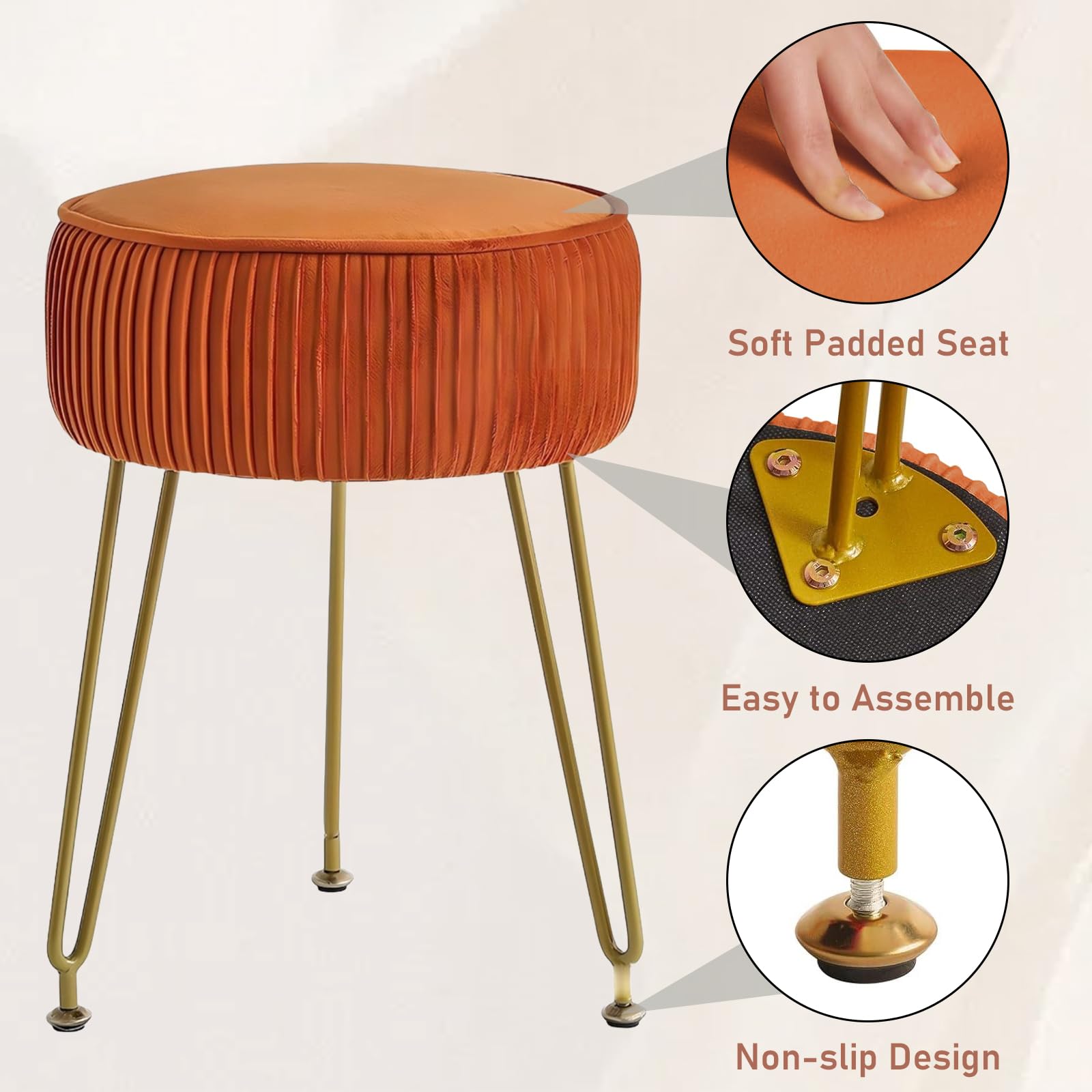 AYES Tabouret ottoman en velours avec siège rond, chaise de coiffeuse rembourrée en peluche, pieds robustes en métal doré pour chambre à coucher et coiffeuse, orange