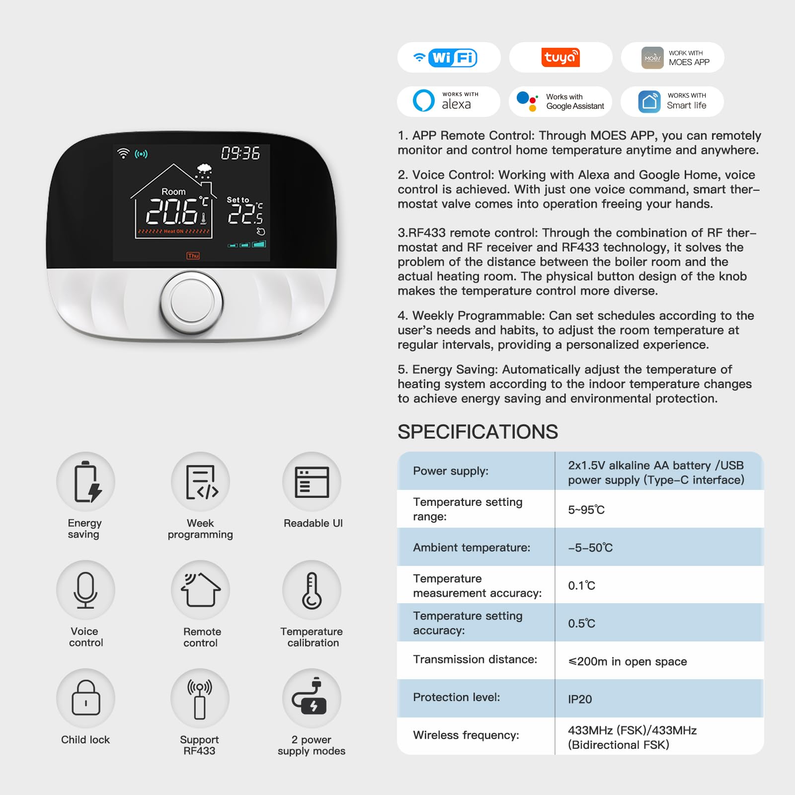 Cronotermostato WiFi + RF433, Wireless Senza Filo, Per Caldaia a Gas e Riscaldamento Pavimento Con Acqua, Unità Ambiente a Batteria + Ricevitore 220V 5A, Programmazione Settimanale, APP TUYA