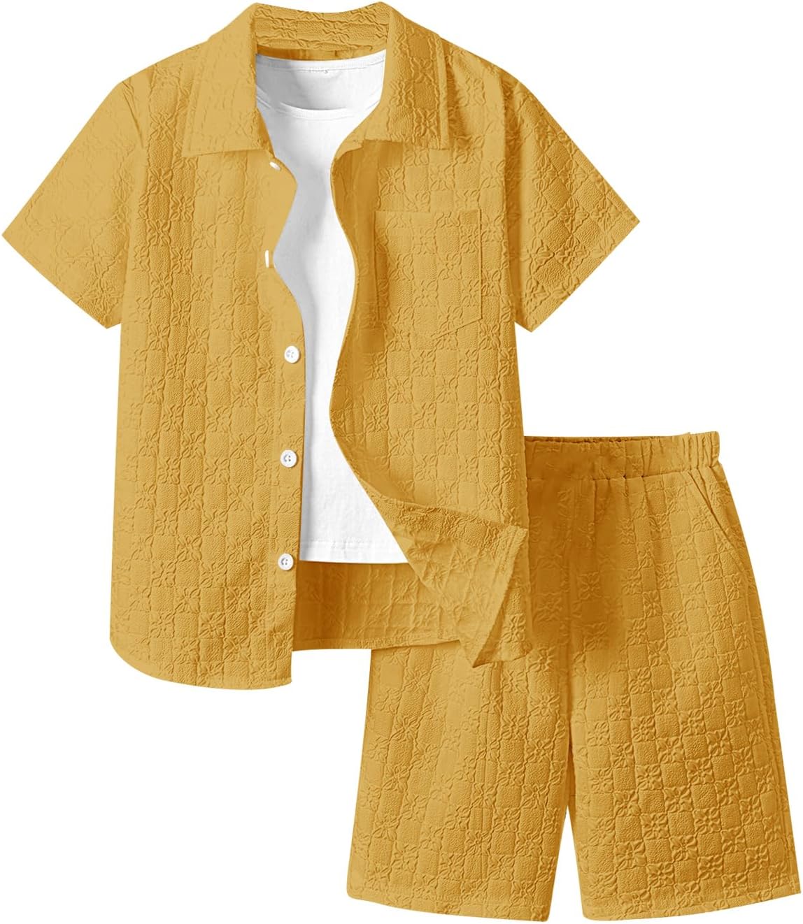 Boy's 2 Piece Beach Vacation Textured Linen Outfit Short Sleeve Button Down Shirt Top and Shorts Summer Set