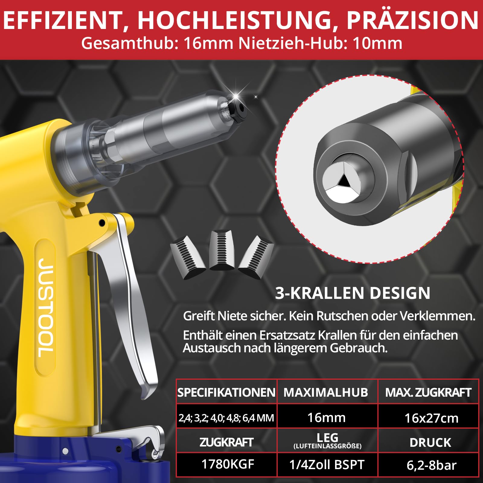 JUSTOOL Pneumatische Lufthydraulische Nietzange Pneumatische Nietzange 1408KGF, 5 Spezifikationen (2,4mm, 3,2mm, 4,0mm, 4,8mm, 6,4mm) Europäische Schnittstelle Ersatzkrallen, Für Auto, Garage und DIY