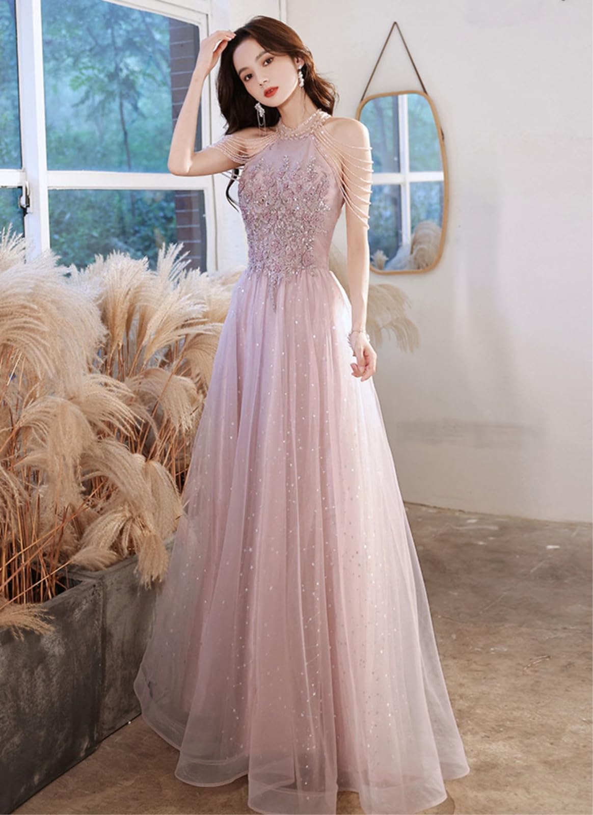 Vestito Maxi Formale Rosa per Le Donne - Elegante Abito da Festa La Sera del Compleanno di Ballo E Occasioni Speciali-champagne-6-floor Length-China Mainland