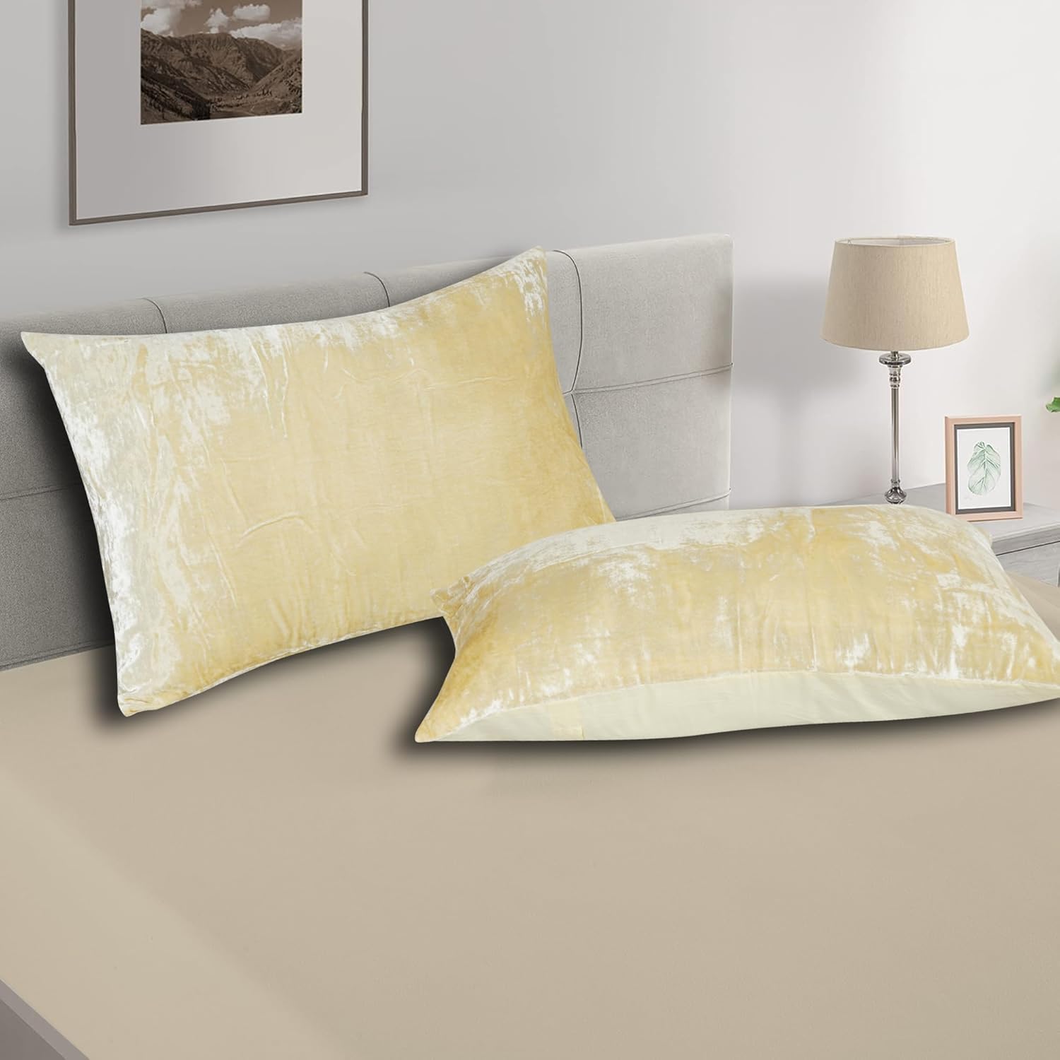 Luxe Boho Decor Art Pillowcase Set Solid Hippie Stylish UO Large Unique Velvet Pillow Cover Set of 2 (Custard Yellow, 24x24 Inches)