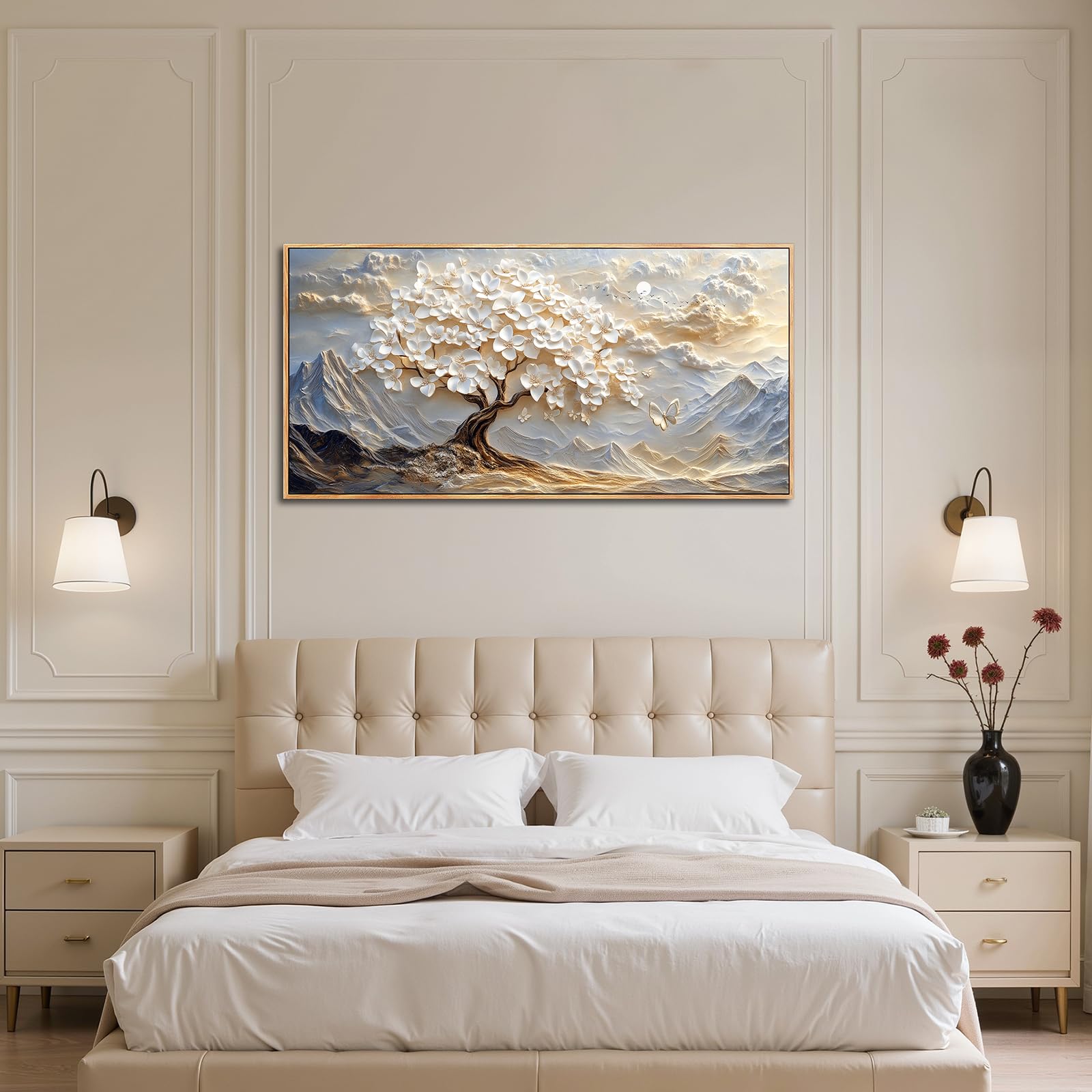 SERIMINO Wandbilder Wohnzimmer Groß, Weiß Baum des Lebens Leinwand Bilder mit Rahmen, Aesthetic Botanische GemäLde, Modern Berge Wanddekoration für Lobby Flur Schlafzimmer Esszimmer Büro 73x146 cm