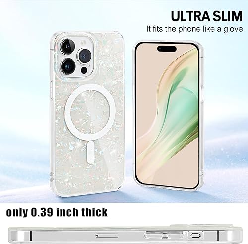 Miniatura 4 de Funda magnética para iPhone 15 Pro Max de 6.7 pulgadas compatible con MagSafe, brillante con diseño de concha de perla para mujeres y niñas, funda