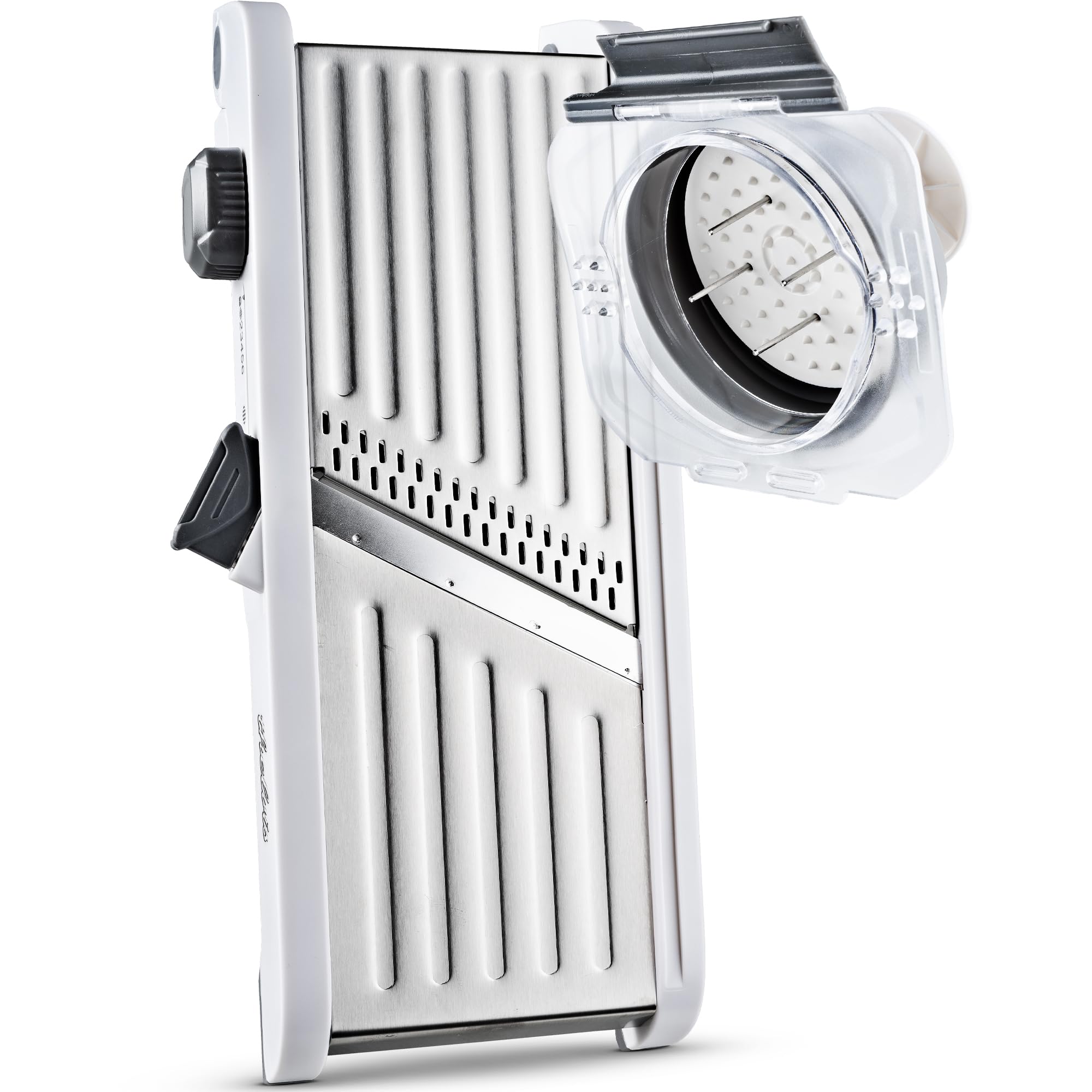 Premium Mandoline Gemüsehobel Edelstahl | kein Klingenwechsel | sicher und modern | Gemüseschneider manuell | Julienneschneider | Gurkenhobel dünne Scheiben | vegetable slicer | Küchenhobel