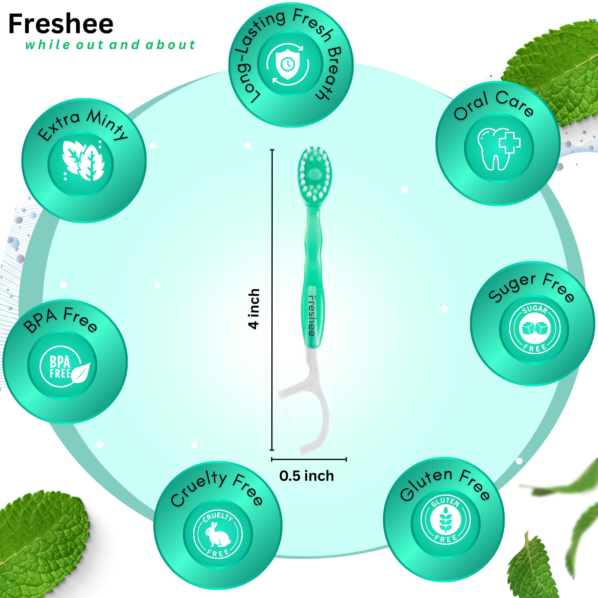 Freshee 5 w 1 jednorazowa mini szczoteczka zębata z pastą zębatą + nicią dentystyczną + piknik + skrobak do języka, rozmiar podróżny, indywidualnie owijany, miękki, miętowy, zestaw podróżny