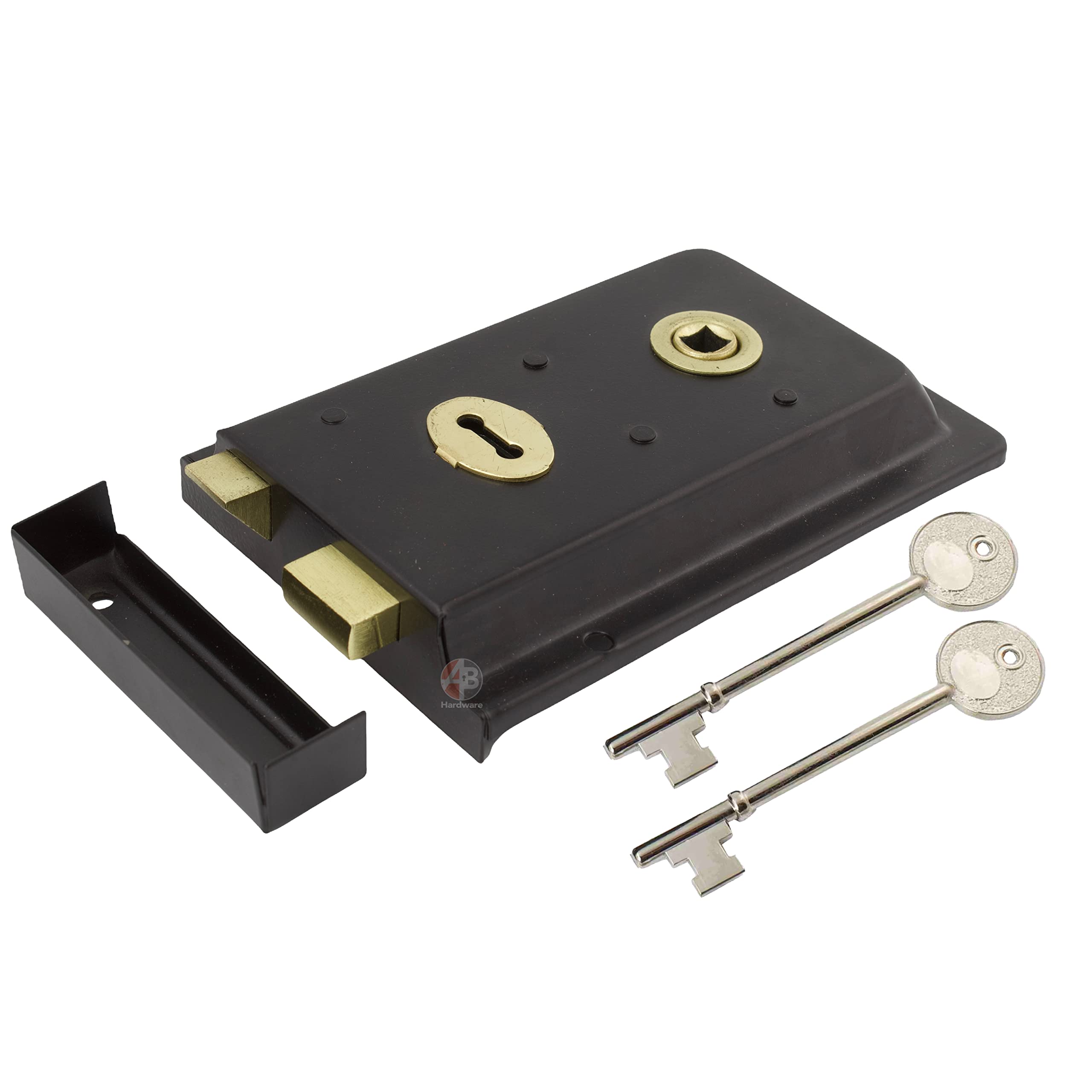 A.B Hardware Traditional 6'' x 4'' Rimlock, Surface Mounted Rim Sashlock with in-Built Latch and Key Operated Deadbolt, Ideal for Timber Doors or Gates on Outbuildings, Black