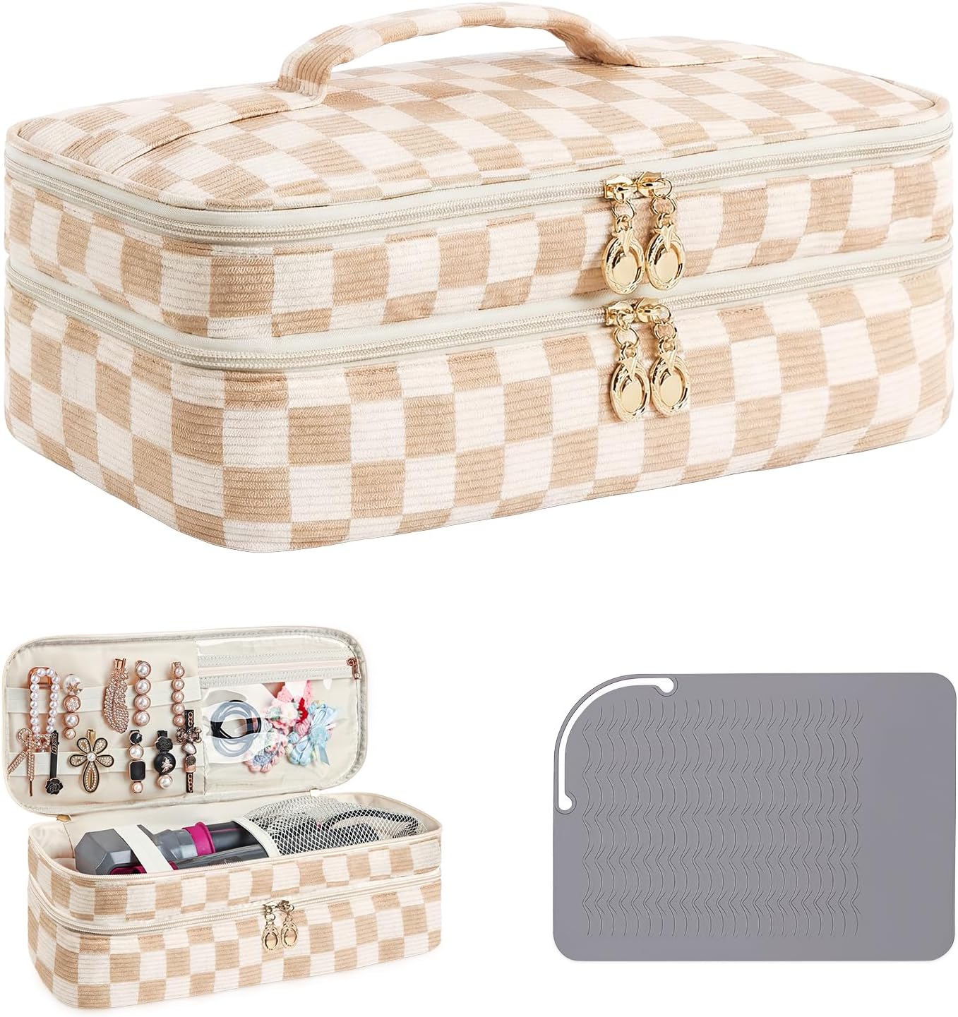 WOBAGMEN Hair Tools Travel Bag, Double-Layer Corduroy Carrying Case for Hair Dryers & Accessories, Portable Curling Iron Travel Case with Heat Resistant Mat, Elegant Hair Tool Organizer (CHECKED, L)