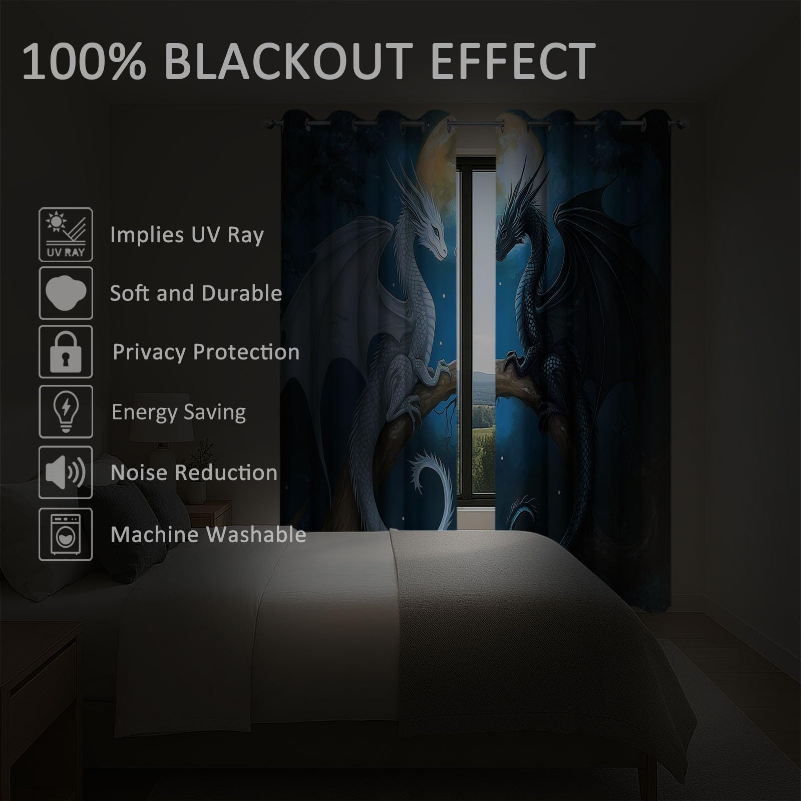 214 x 91.5 cm Vorhang Blickdicht 2er Set Himmelblau, Fantasy-Spiel Drache Gardinen Ösen Abdunkelnde Vorhänge Wohnzimmer Schlafzimmer, Fenster Gardine Verdunkelung Thermovorhang Hitzeschutz