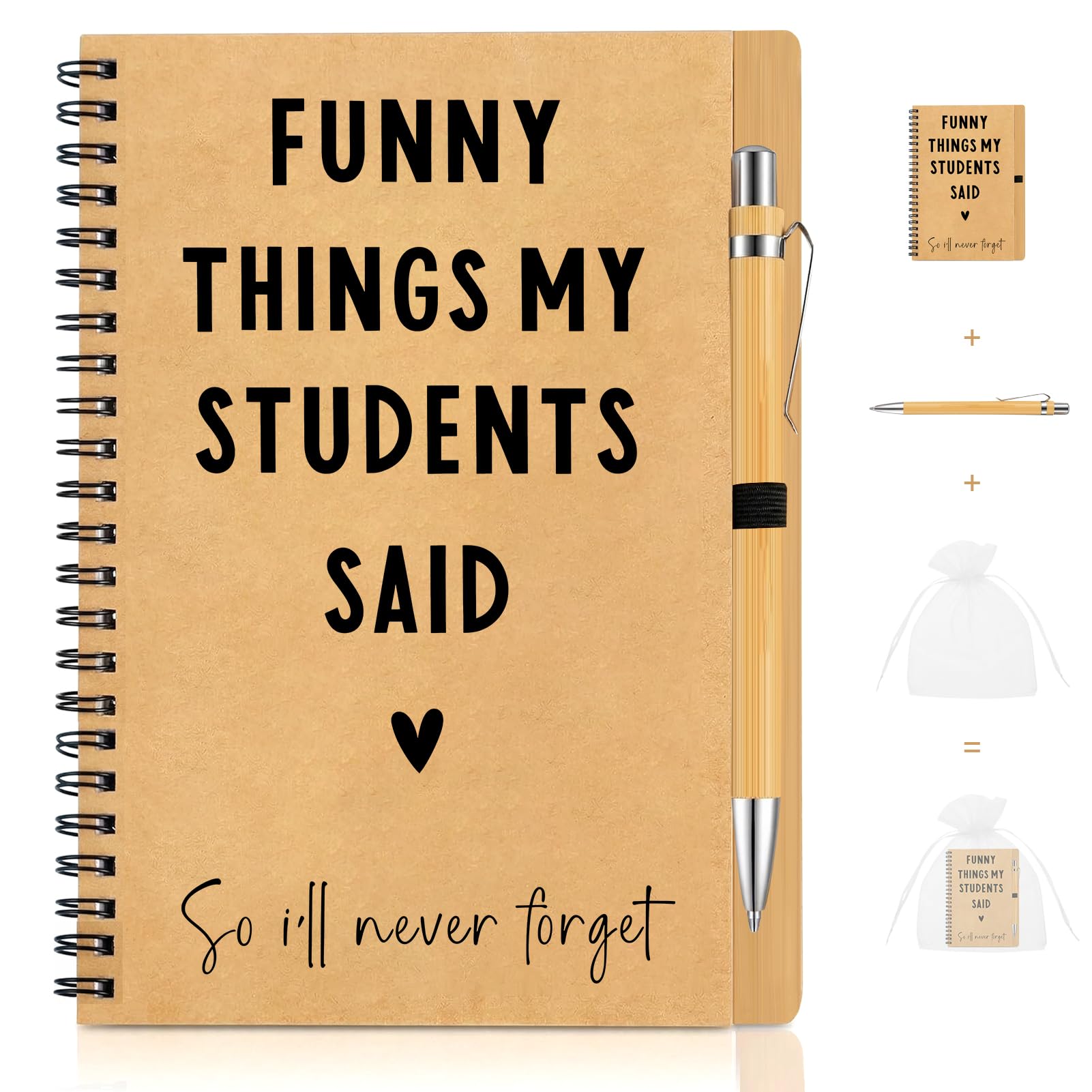 Kideerly Thank You Teacher Gifts for Women Men, Funny Things My Students Said A5 Notebook, Gift Teacher Multipack with Pen and Organza Bag, Best Teachers Gifts for Christmas Graduation Gift