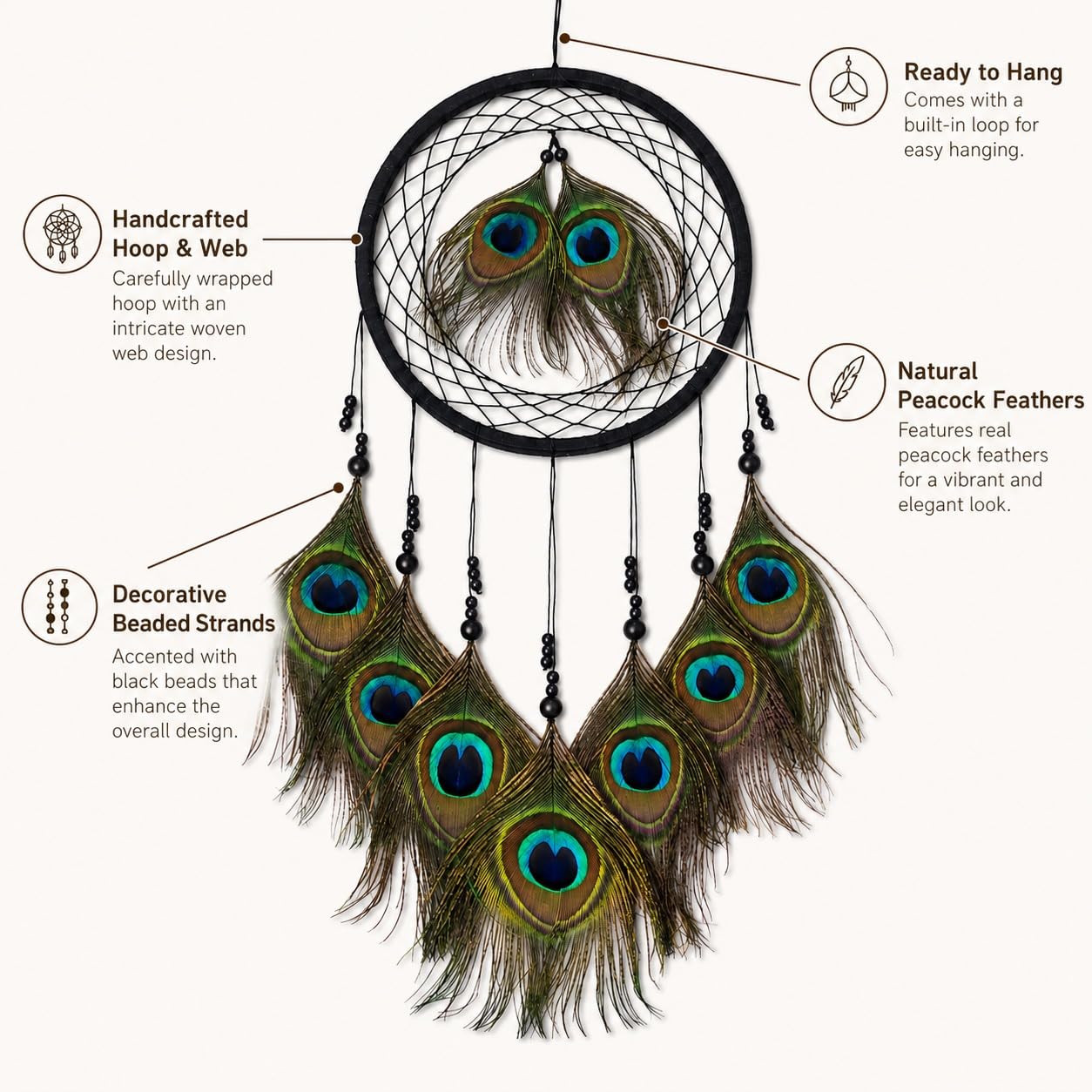 Mehruna Dream Catchers Wall Hangings for Home Decor Bedroom Livingroom Balcony Handmade Dreamcatcher for Positivity Peacock Feathers Wall Decoration Items for Kids Room (22L x 45H cm, Pack of 2) 1