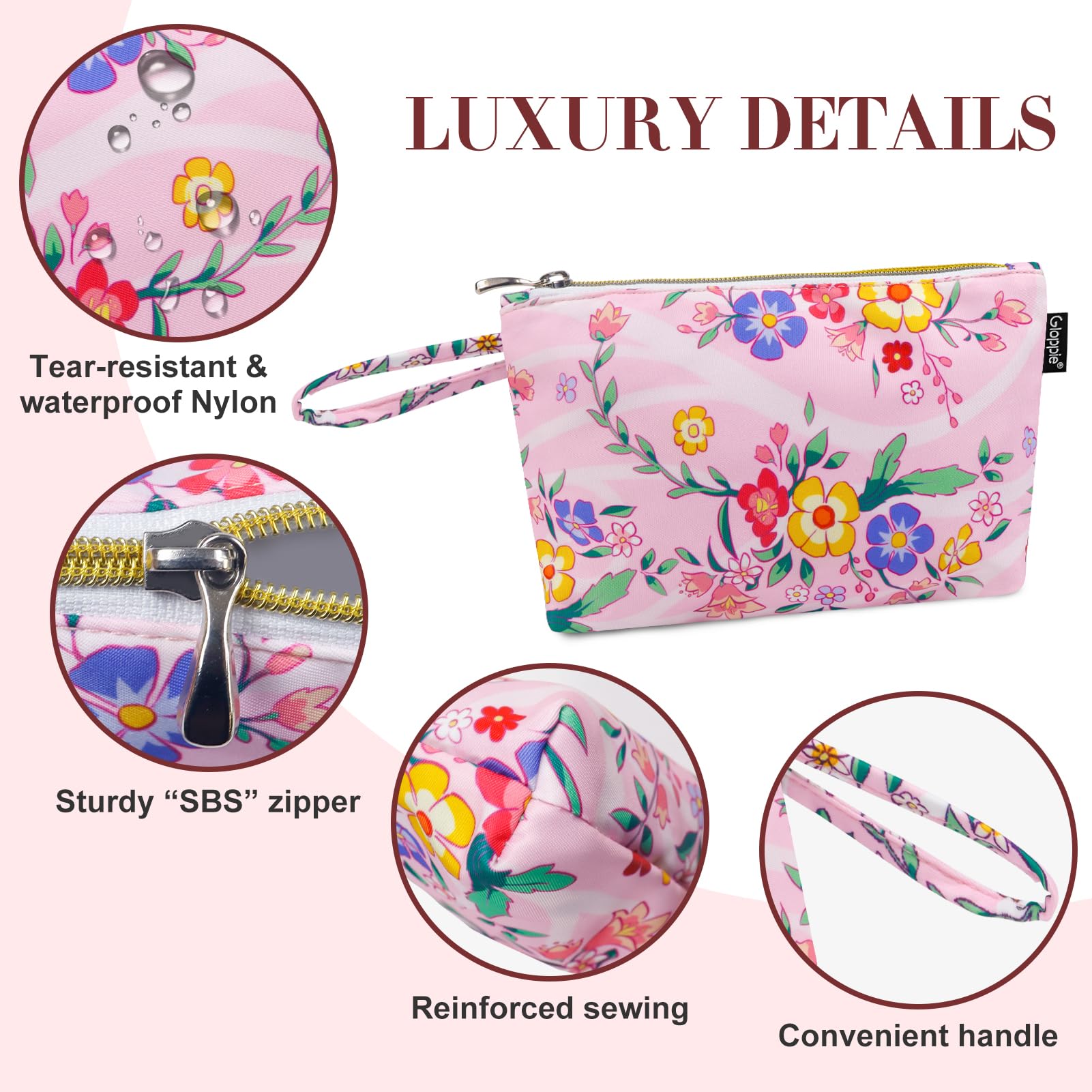 Gloppie Make up Bag Small Makeup Bag Cosmetic Bags Jewellery Pouches Gifts for Women, Pink Flower, Standard - Image 3