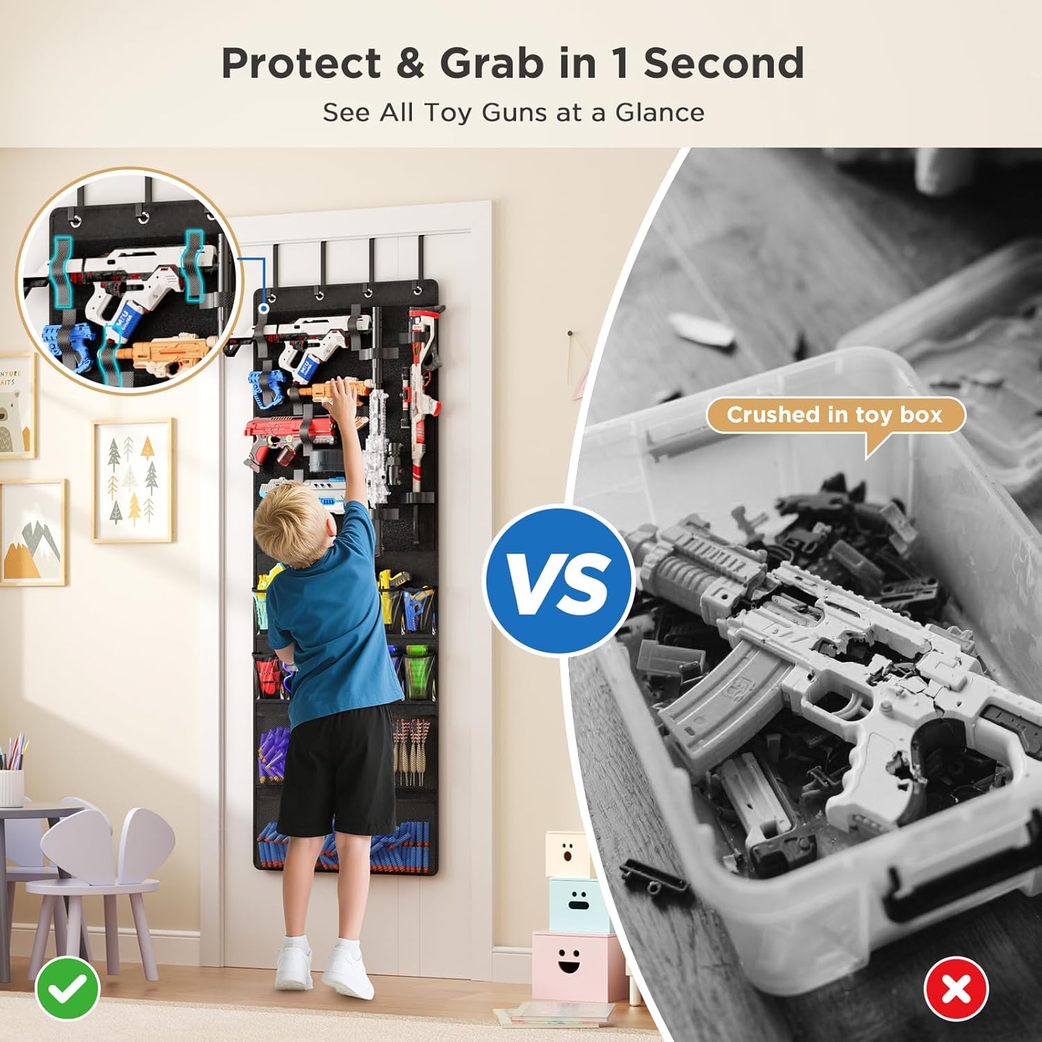 Over the Door Organizer for Toy Guns, Toys Storage Door Hanger with Pockets and Slots for Kids Foam Blasters, Darts, Goggles, Over Door Toy Guns Storage Organizer, for Kids Rooms, Game Rooms, Black