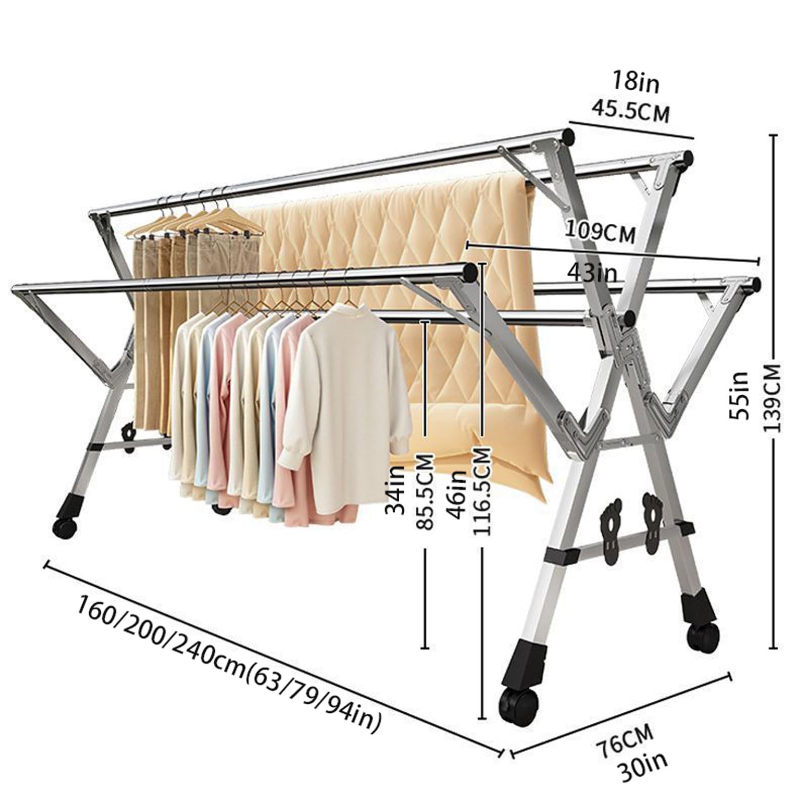 Tendedero de Ropa Con Ruedas, Tendedero Exterior Extensible, Tendedero Plegable, Tendedero de Ropa Exterior, Tendedero de Ropa Acero Inoxidable, para Interior-Exterior en Balcón y Jardín ( 240cm)