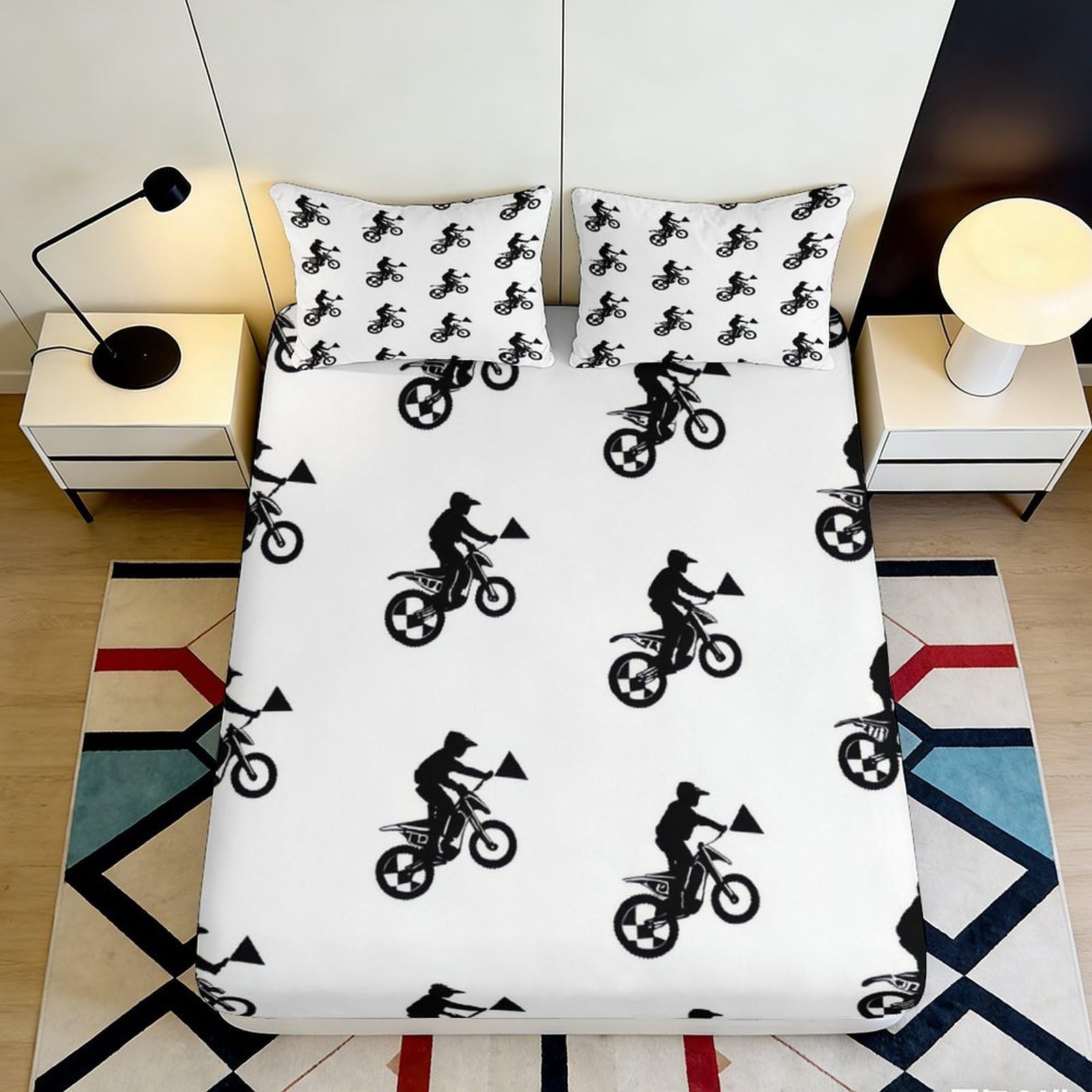 3D Printed Motorcycle Rider Fitted Sheet Microfiber Anti-Slip Bed Cover for Bedroom Guest Room Dorm Decor Dustproof 90x200x25cm