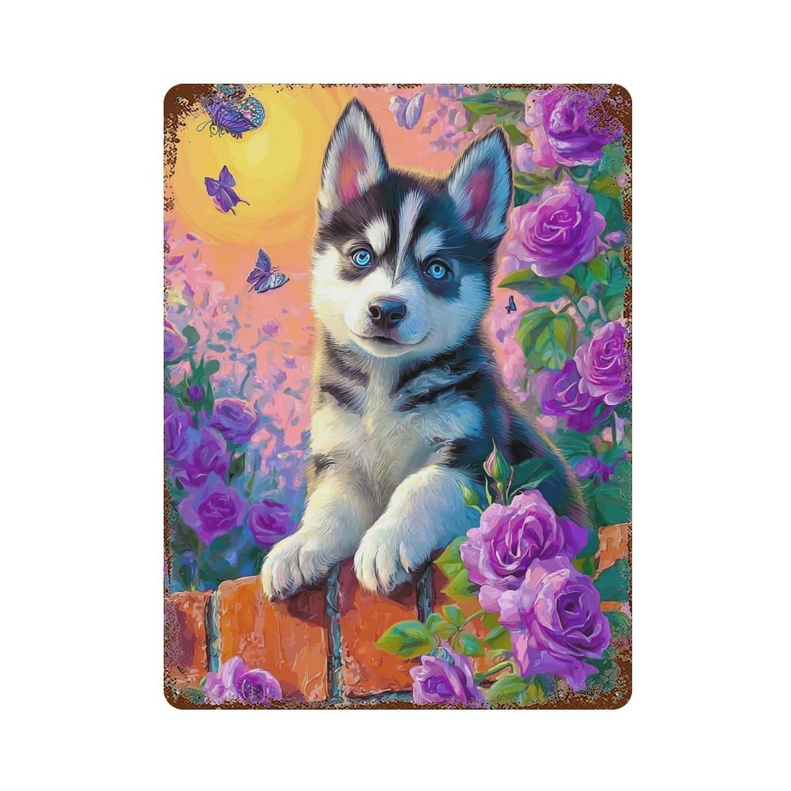 Rust Effect Painted Husky with Flowers -2 Rusty Metal Tin Sign 15.7"x11.8", Industrial Home Decor for Living Room, Hallway And Home Decor