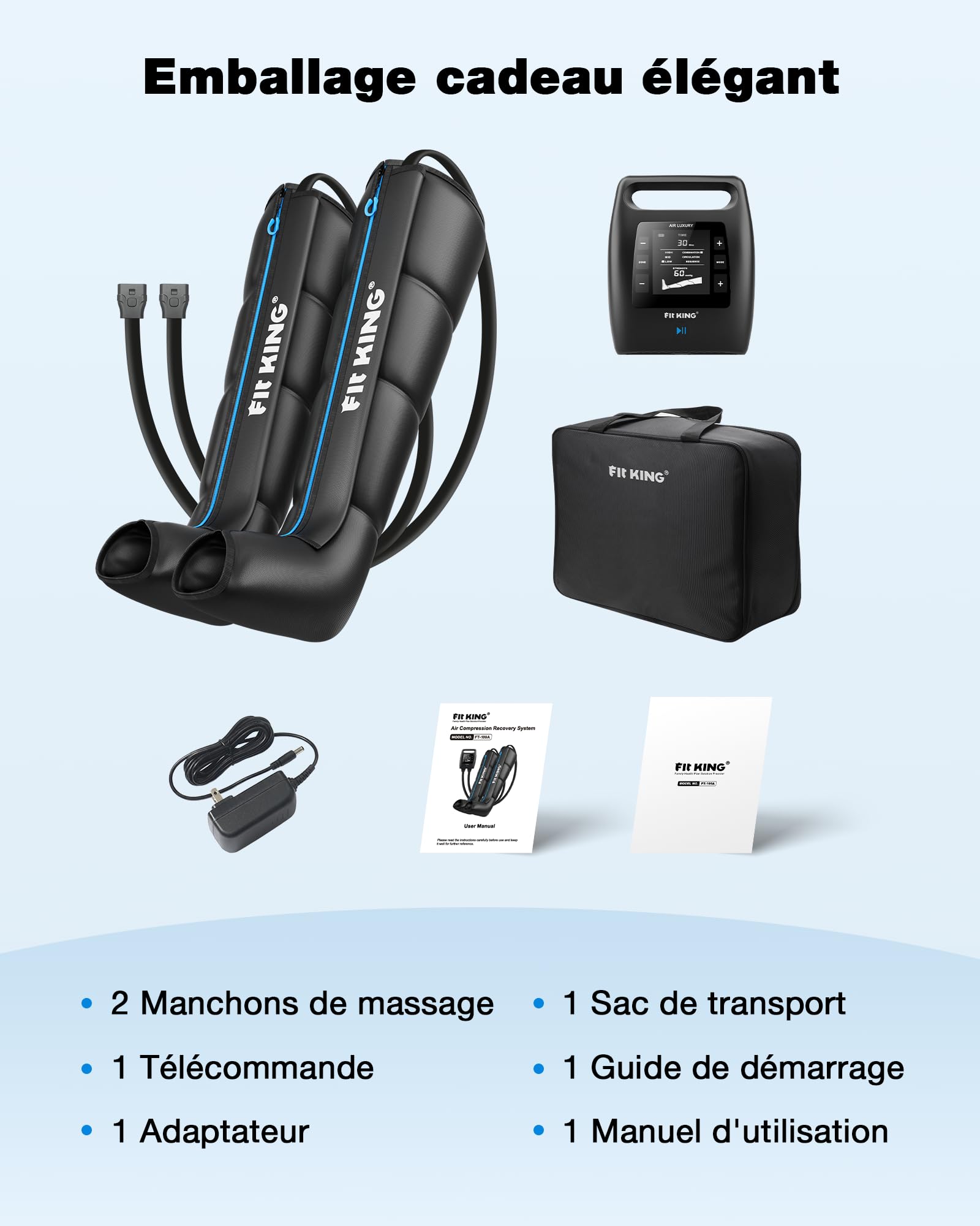 FIT KING Pressothérapie Jambes avec Contrôle 4 Zones, Rechargeable, Bottes de Compression d’Air pour la Récupération et la Relaxation Musculaire Profonde, Portable sans Fil, 12 Intensités, 3 Modes (M)